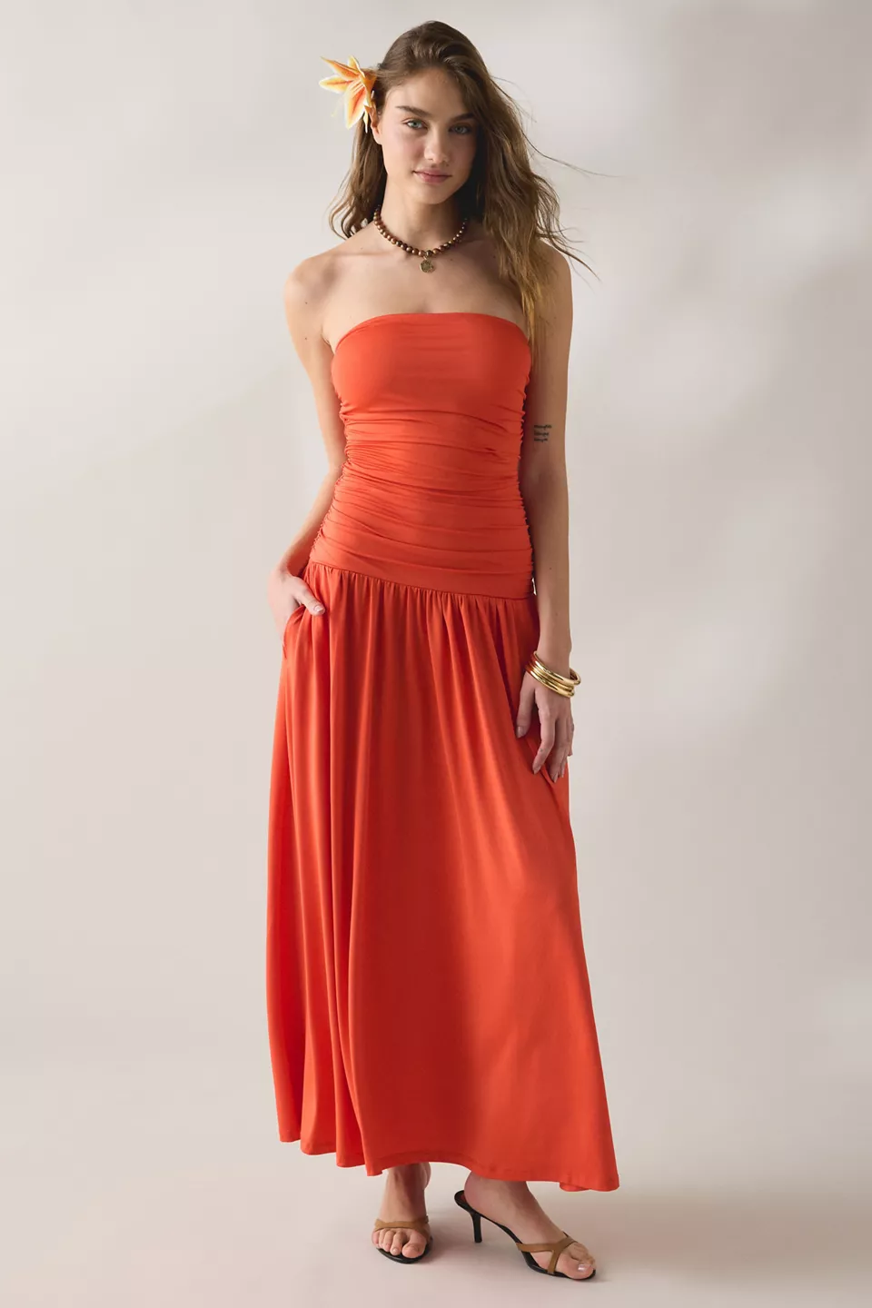 NIA Santal Ruched Drop Waist Strapless Maxi Dress