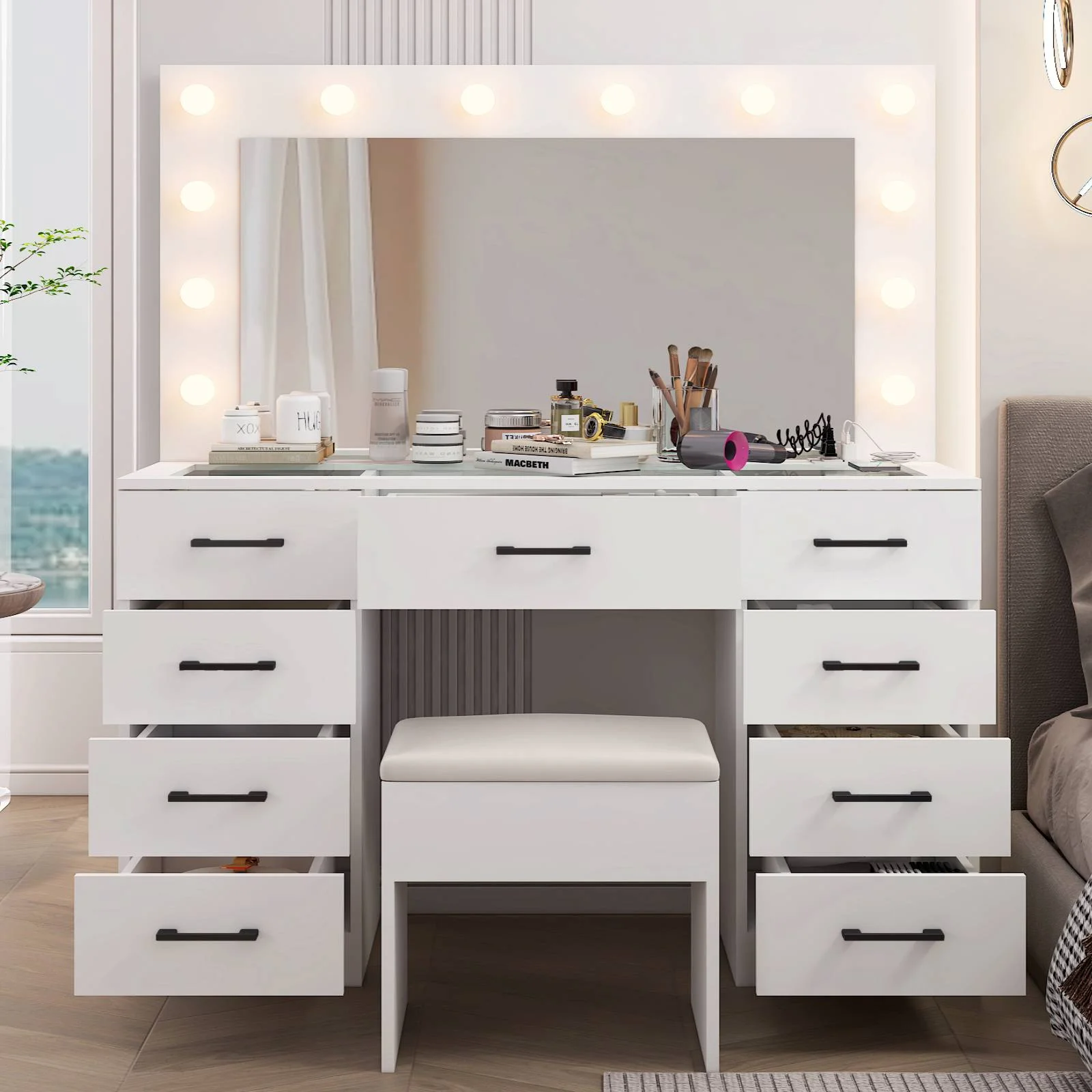 Large Makeup Vanity, Vanity Table Set w/ Visible Glass Top w/ Charging Station, White(White-9 Drawer) - Image 6