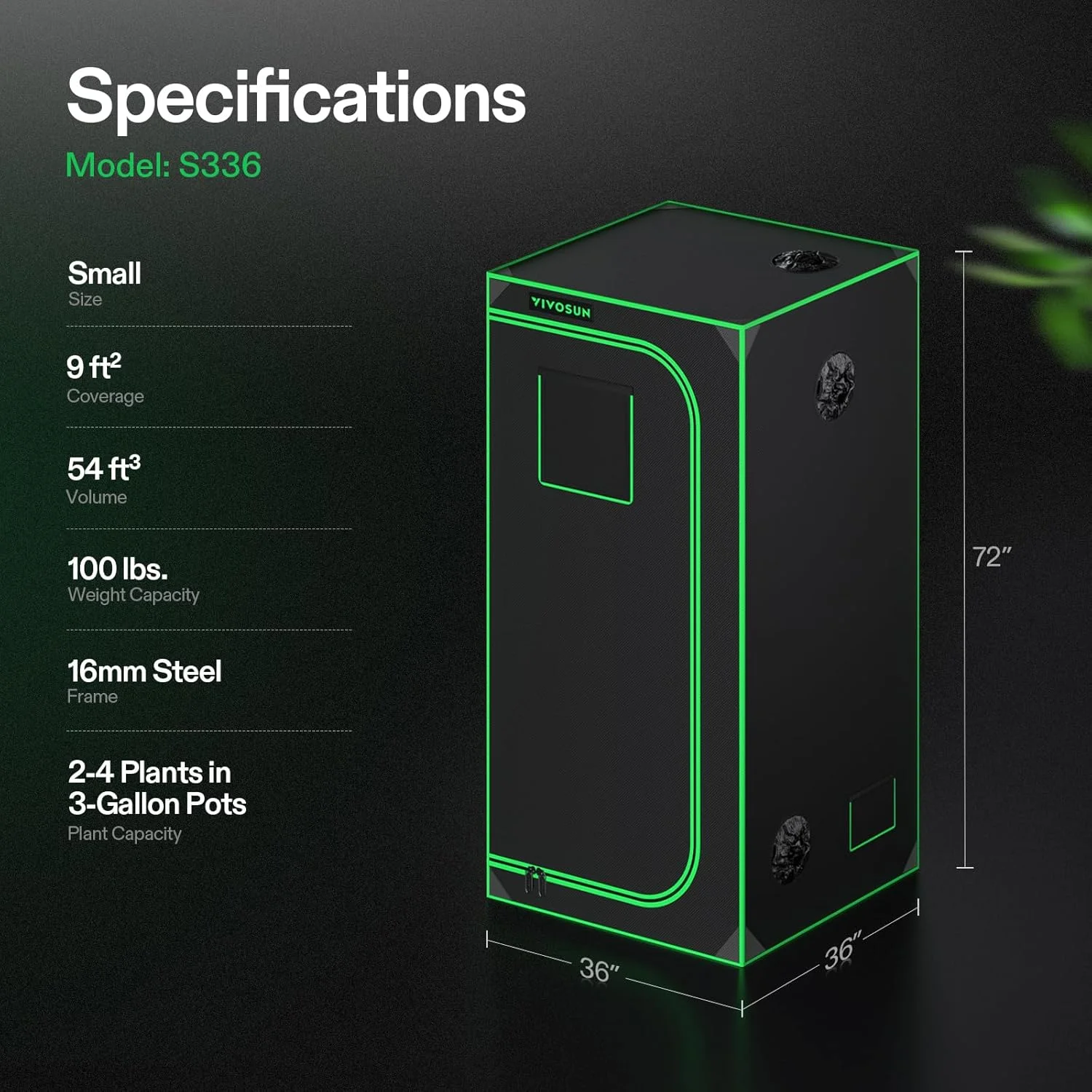 S336 3x3 Grow Tent, 36"x36"x72" High Reflective Mylar with Observation Window and Floor Tray for Hydroponics Indoor Plant for VS2000/VS3000 - Image 2