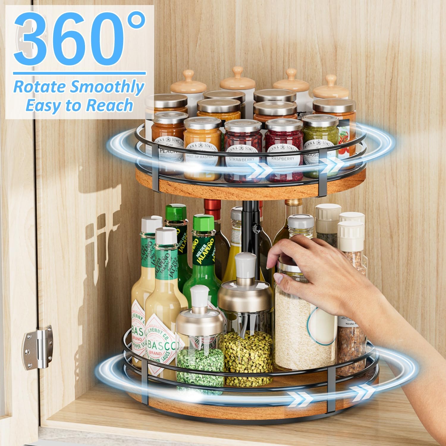 Lazy Susan Turntable Organizer Adjustable - 2 Tier Wood Rotating Spice Rack 12 Inch Lazy Susan for Kitchen Countertop Cabinet Pantry Cupboard Dining Table Bathroom Coffee Bar Home Storage