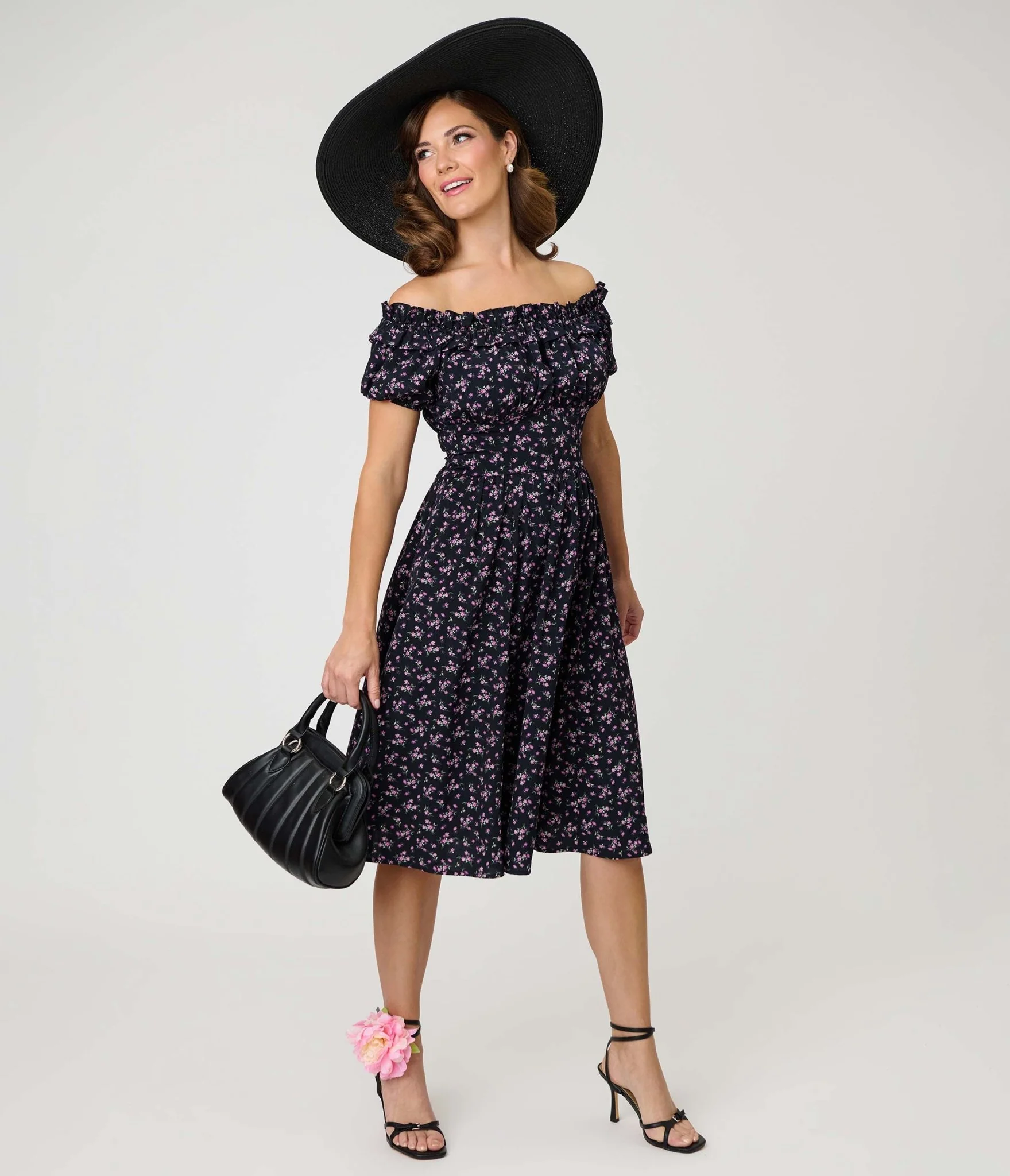 Unique Vintage Purple Ditzy Off The Shoulder Ruffle Swing Dress