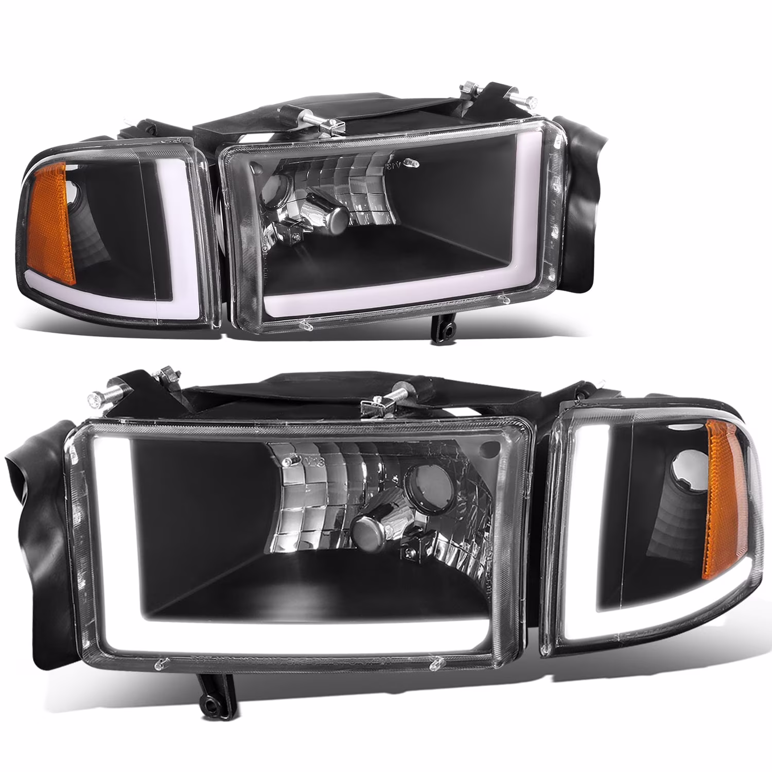 DNA Motoring For 94-02 Dodge Ram 1500 2500 3500 LED DRL Black Amber 4pcs Corner Headlight Lamps(Black / Amber/Clear Lens)