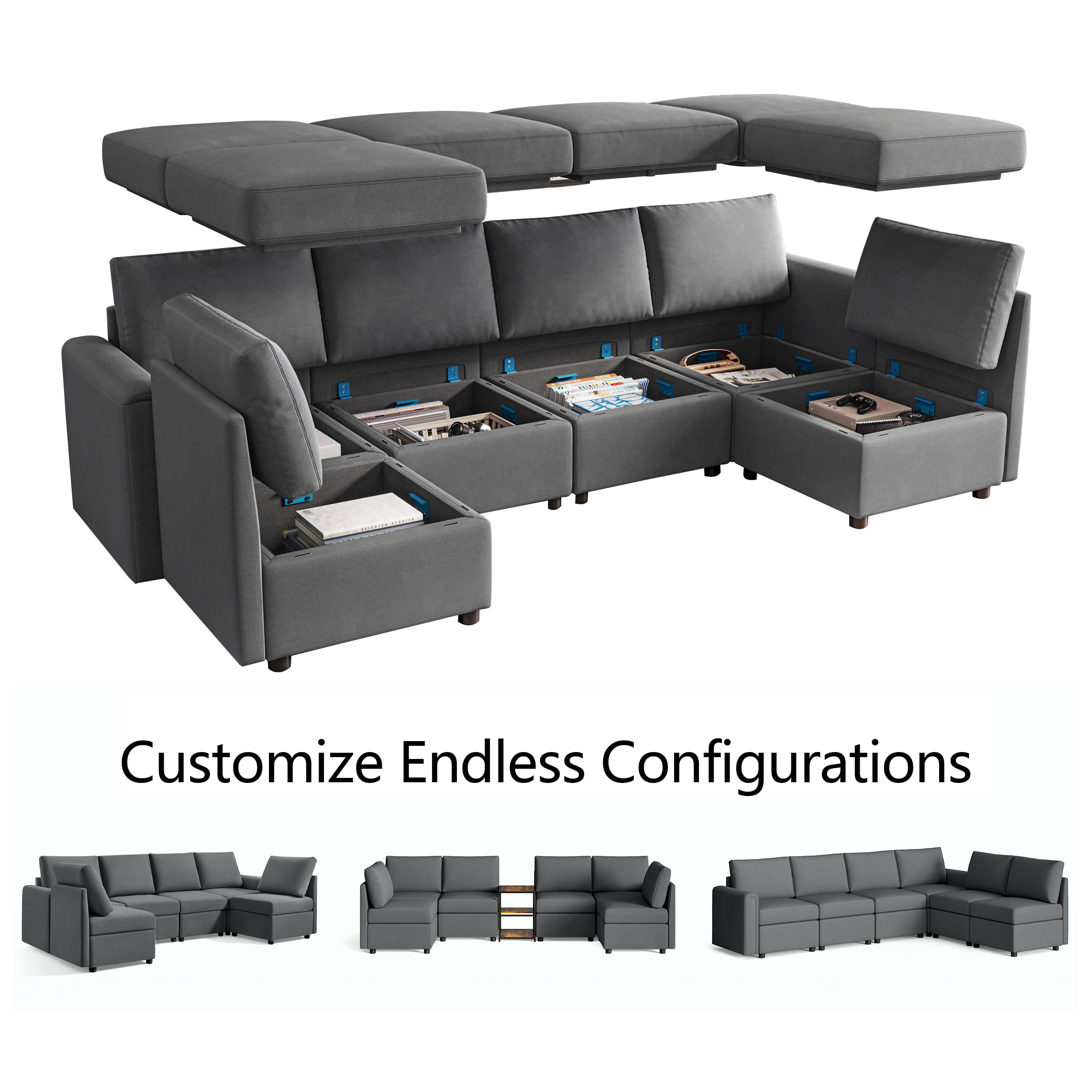 Canapés et divans modulables LINSY HOME, canapé d'angle avec rangement, canapé d'angle en forme de U avec méridiennes réversibles, gris foncé