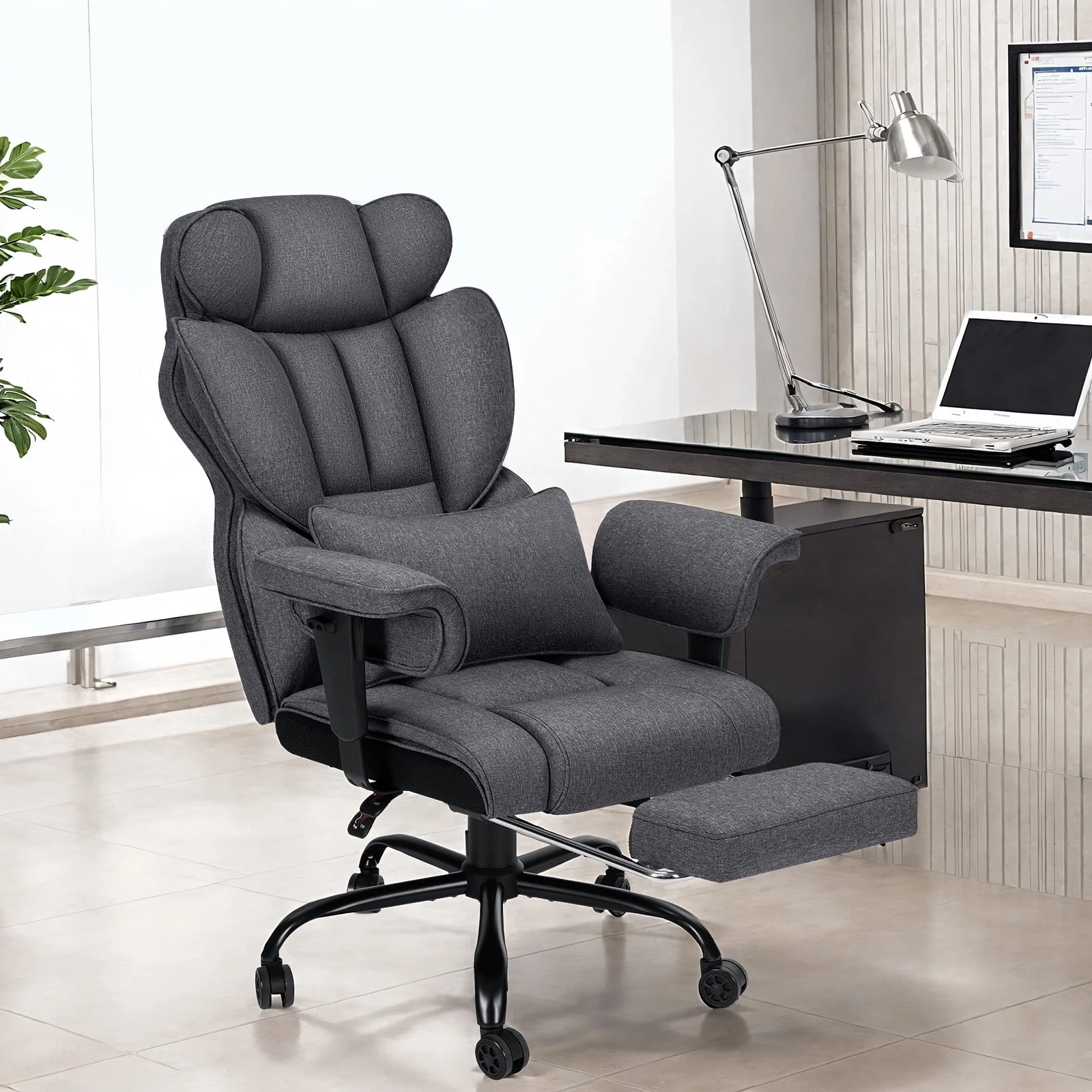 Hoffree Big and Tall Fabric Office Chair 450 lb, Executive Desk Chair with Massage Ergonomic Computer Chair with Footrest Reclining Desk Office Chair with Lumbar Support for Home Office
