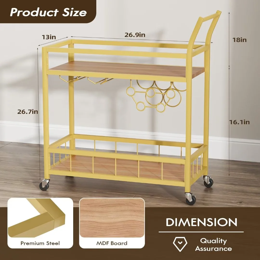 Bar Cart Home Industrial Mobile Bar Cart Serving Wine Cart on Wheels with Wine Rack and Glass Holder 2 Wood Storage Shelves for Living Room, Kitchen, Party (Gold)(Gold) - Image 7