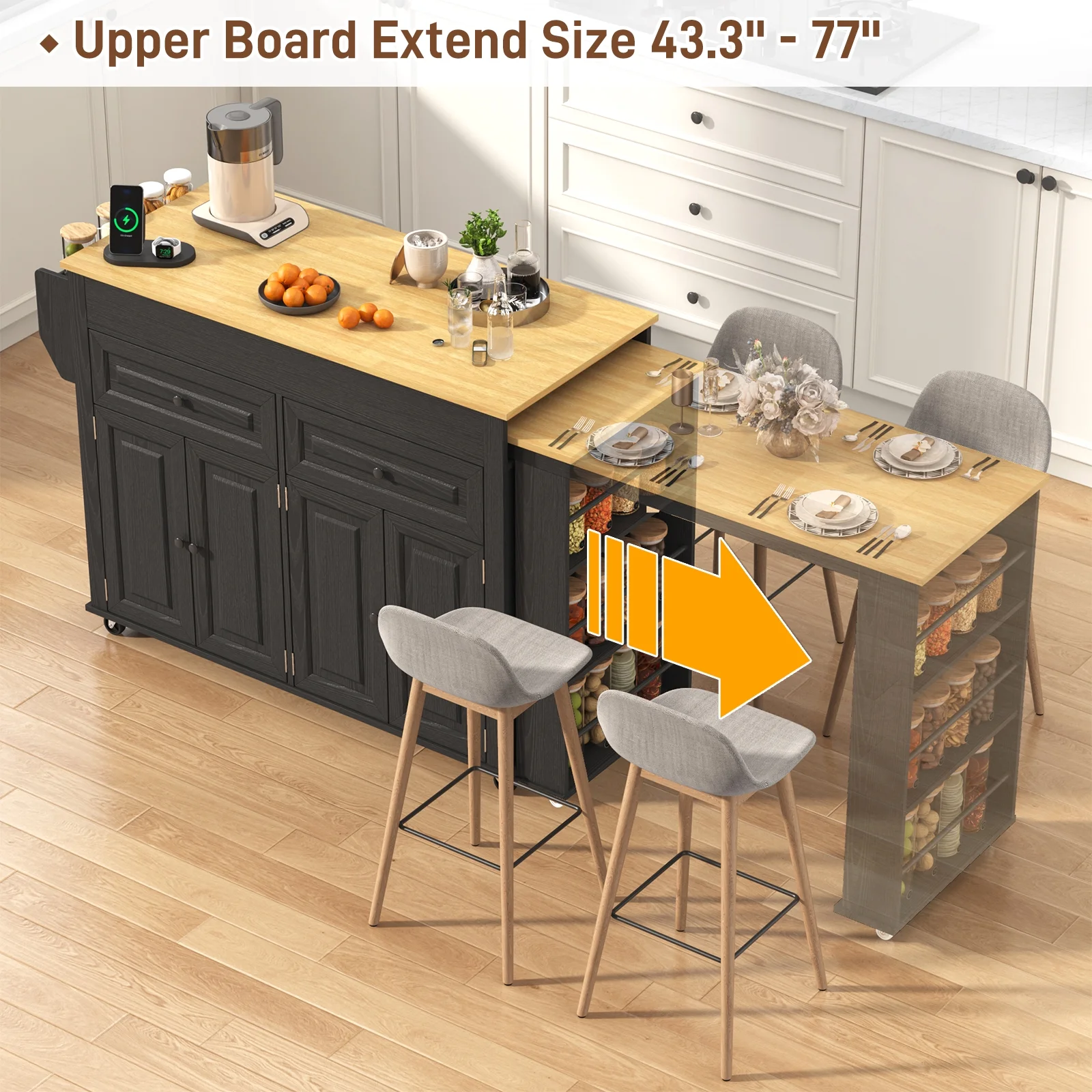Large Kitchen Island with Extendable Dining Table and Power Outlet, Rolling Kitchen Island Cart on Wheels with 2 Storage Cabinets 2 Drawers 3 Spice Racks, Island Table for Kitchen(Black) - Image 2