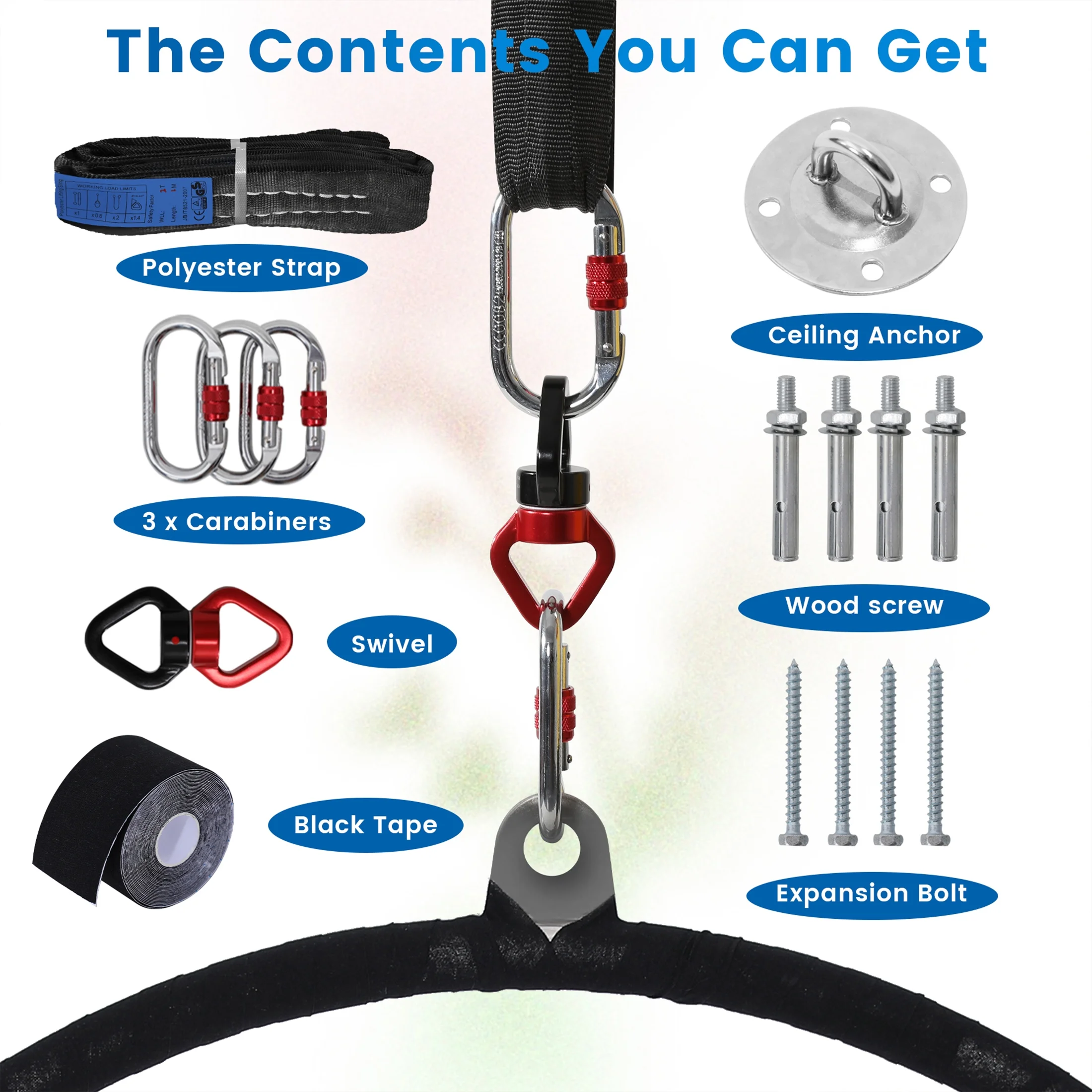 Aerial Hoop, Lyra Hoop 85CM, 1 Ceiling Anchor, 3 Locking Carabiners, Spanset, Grip Tape, 360 Swivel, Carry Bag, 32mm Thickness(33in/85cm) Image 4