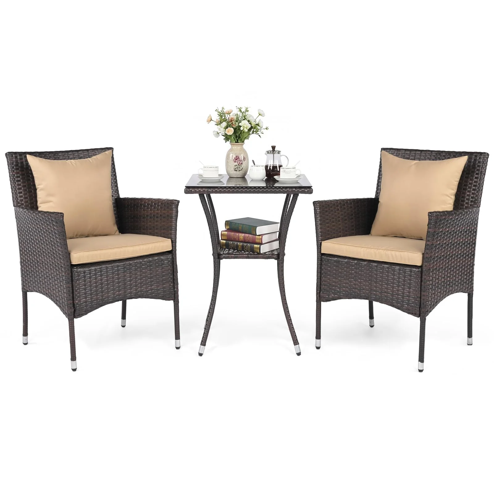 Tangkula 3 Pieces Patio Wicker Bistro Set | 2 Rattan Chairs w/ 2-Tier Tempered Glass Table