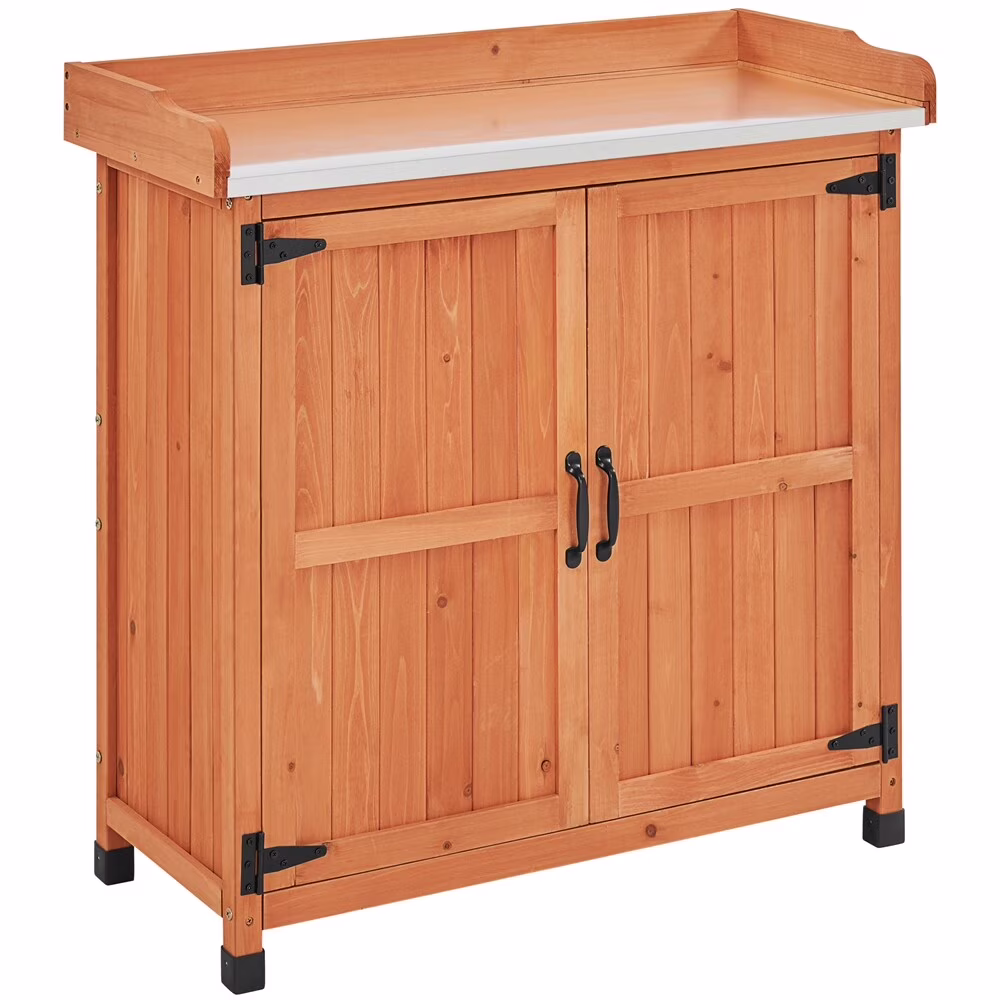 SOPEV Garden Potting Bench Table, Outdoor Garden Horticultural Wooden Storage Cabinet & Solid Wood Planting Work Bench with Large Space Storage & Metal-Plated Tabletop,Brown