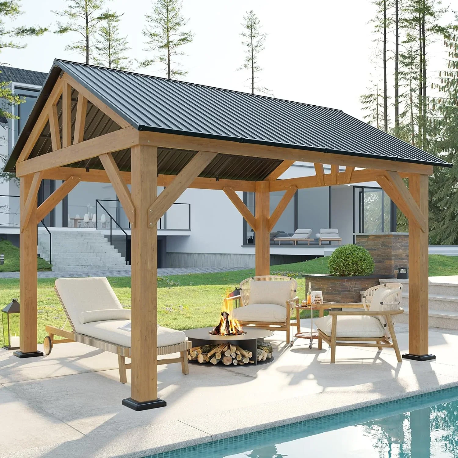 Merluxy Wood Gazebo 10'x12', Wind & Rain Resistant Design, Grill Gazebo for Garden, Backyard