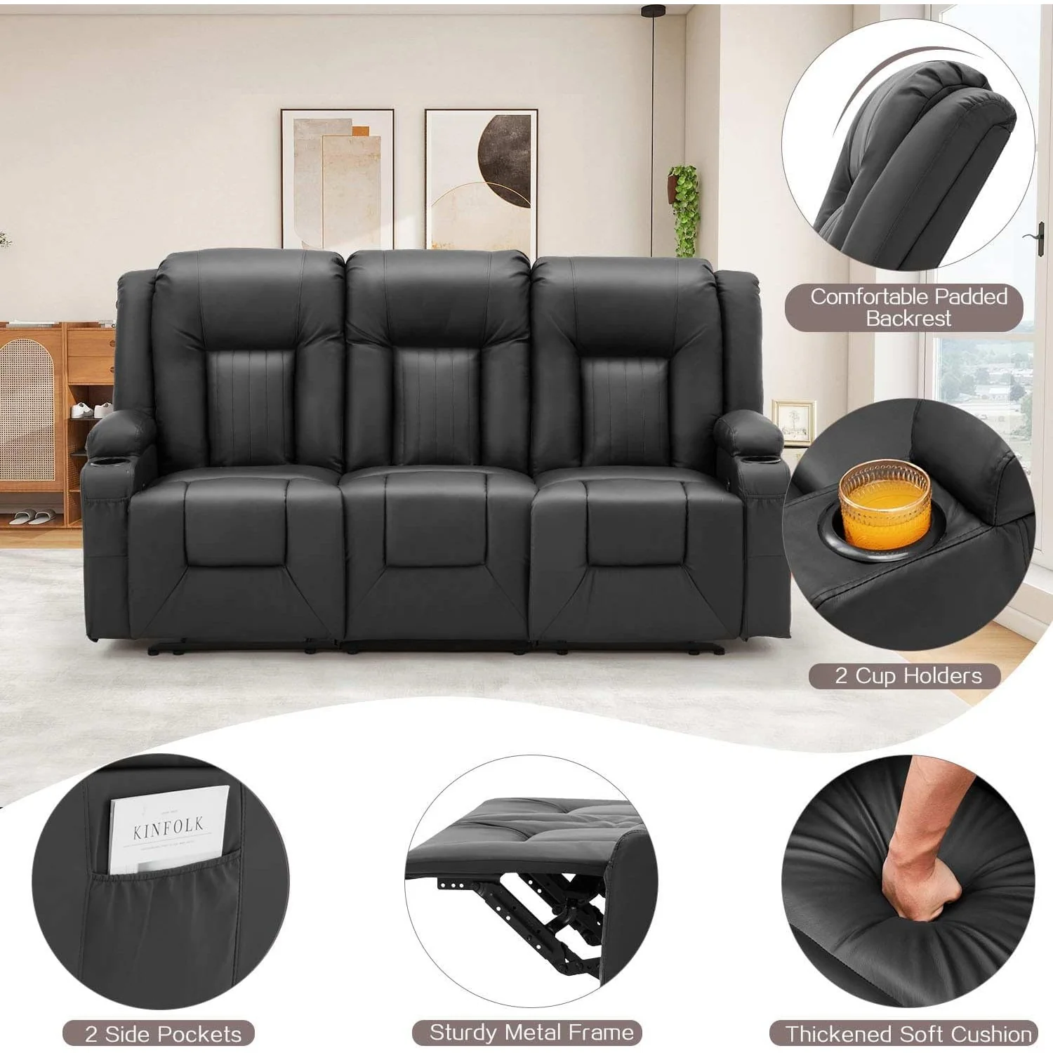 AECOJOY 3 Seater Reclining Sofa with 2 Cup Holders&Side Pockets, Black