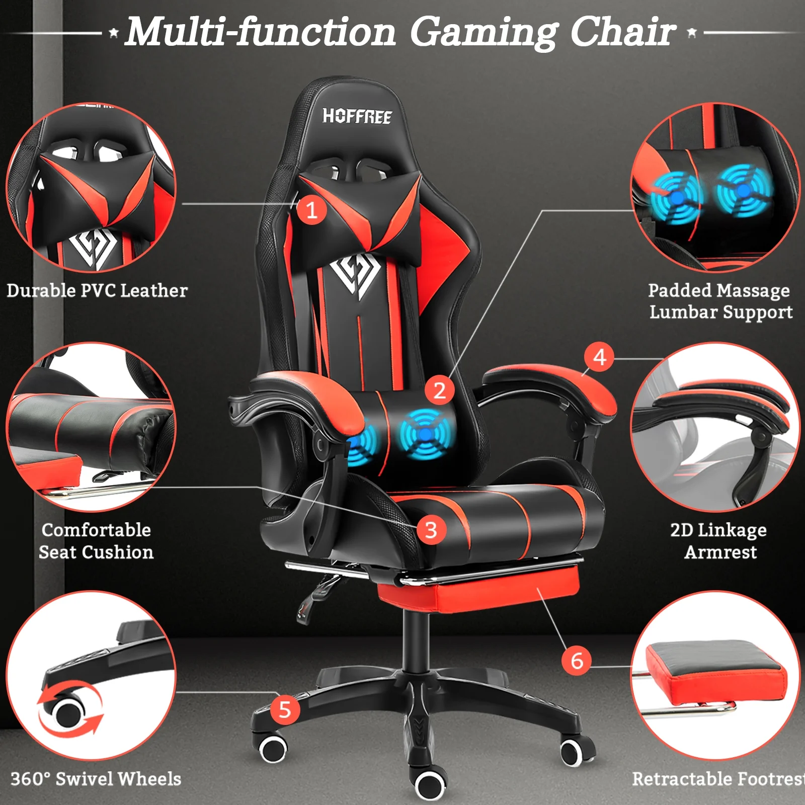 Gaming Chair with Bluetooth Speaker, Ergonomic Massage Racing Chair with RGB Lights, Footrest and Lumbar Support, High Back Office Chair, Heavy Duty Design Gaming Computer Chair(Red with Black) - Image 6