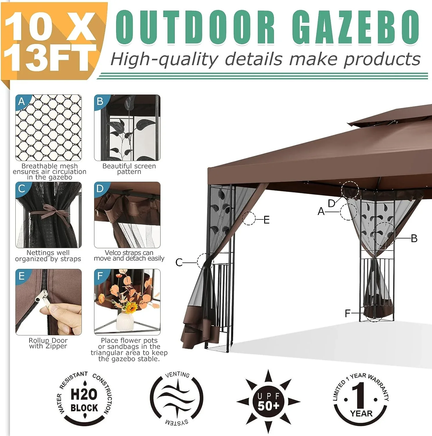 COBIZI Pop-up Gazebo, 10' x 13' Outdoor Steel Double Roof Canopy, Metal Frame Pavilion with Mosquito Netting, Sunshade for Garden, Patio, Lawns, Brown