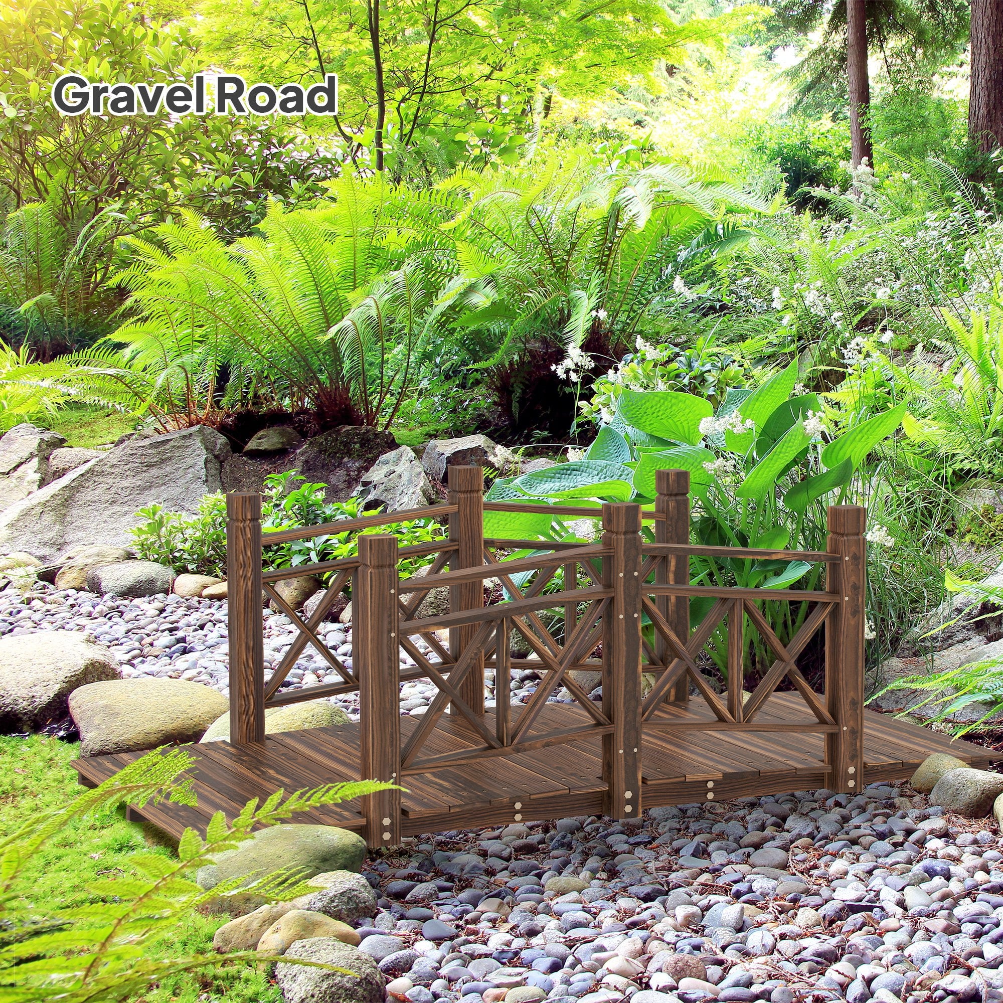 QISHENSHUI 5 ft. Sturdy Natural Wood Garden Bridge �C Premium Timber Construction with Solid Safety Handrails for Backyard Paths, Small Ponds & Garden Water Features, Carbonized