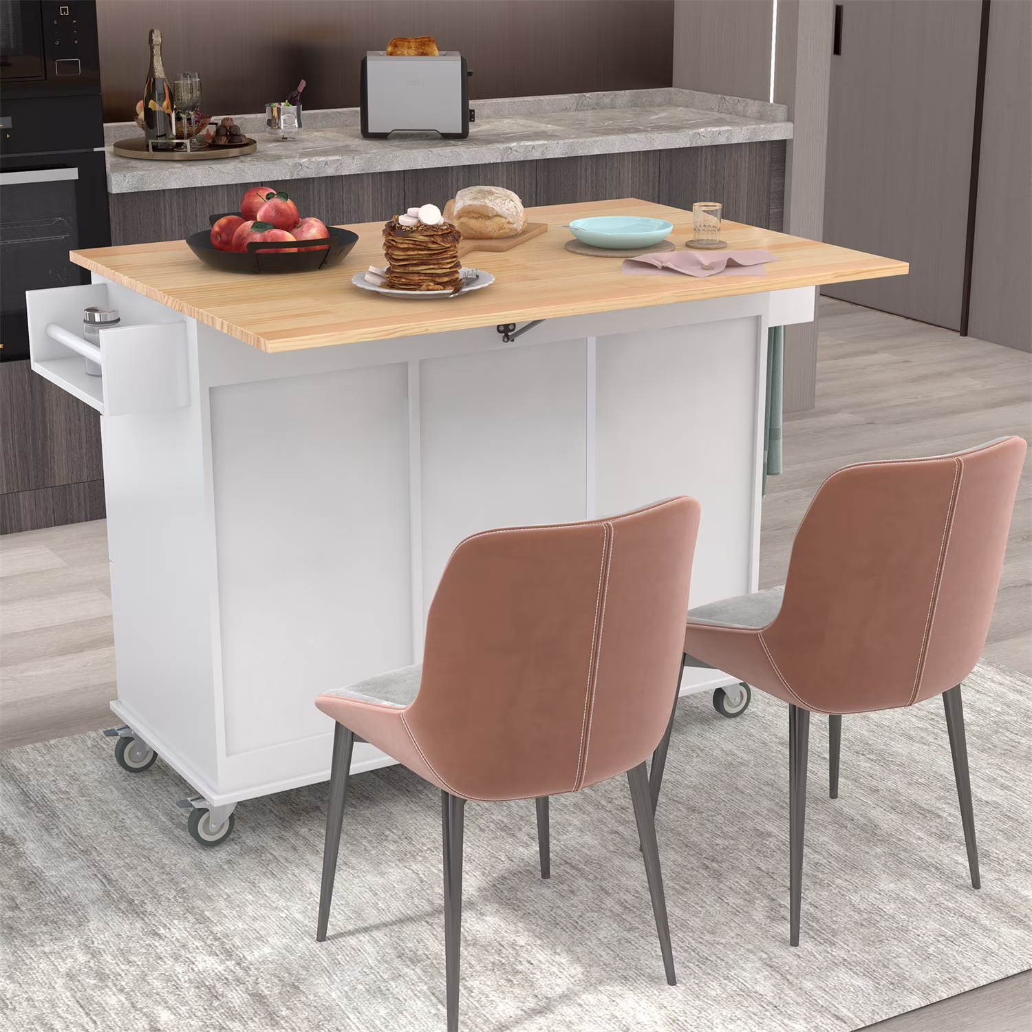 Kitchen Island Cart, Drop Leaf Kitchen Island on Wheels with Spice Rack, Towel Rack and 3 Drawers, Rolling Mobile Kitchen Island with Storage Cabinets and Solid Wood Top, White(White)