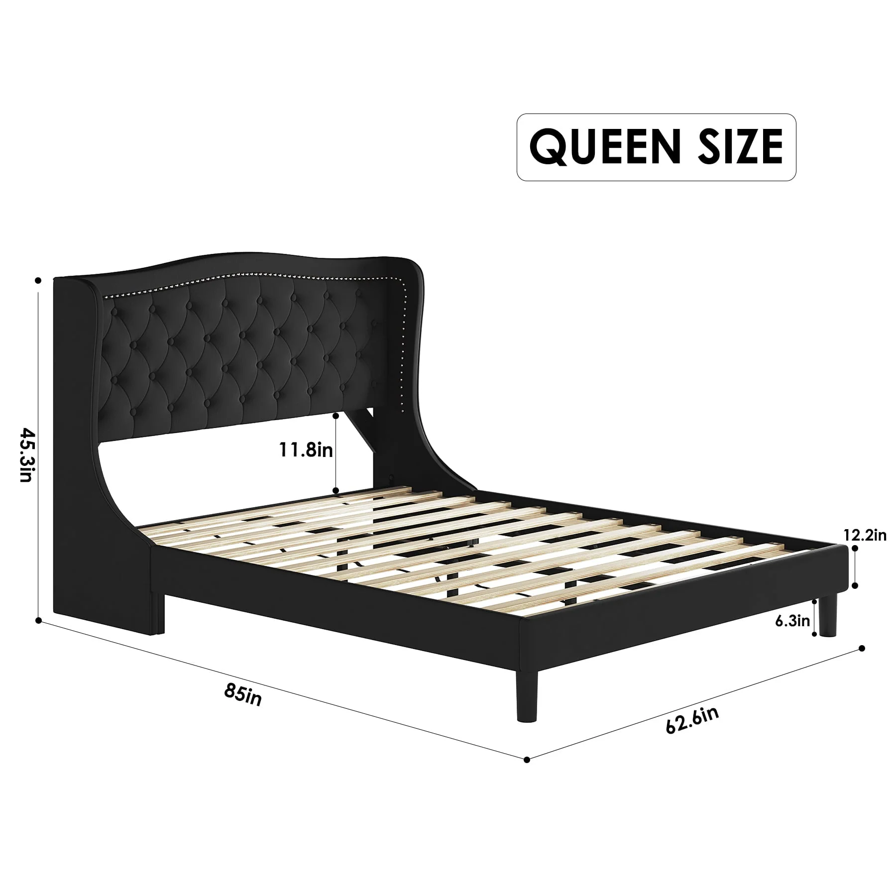 Homfa Queen Bed Frame, Wing-Back Button Tufted Upholstered Headboard, Modern Platform Bed Frame with Wood Slat Support for Bedroom, Black(Full/Beige)