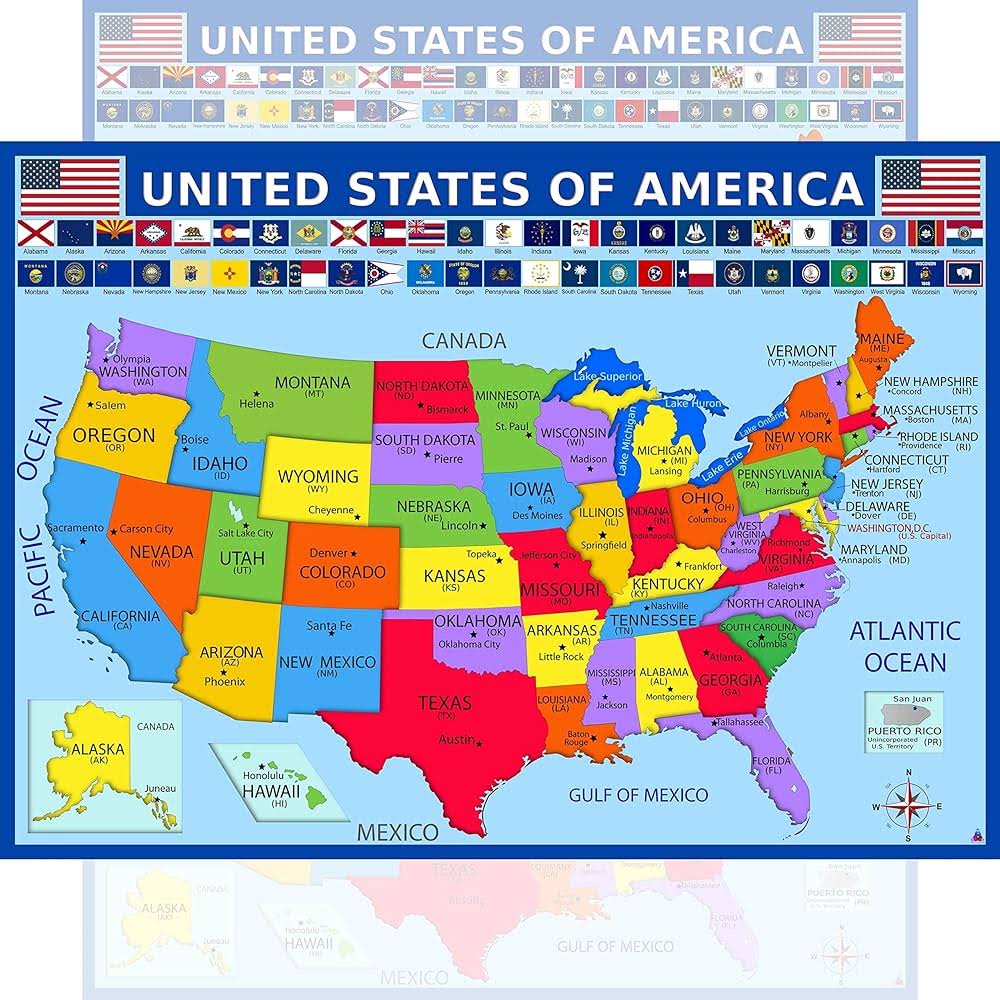 United States Map with State Flags Poster - Laminated 14x19.5 in. - Educational Poster, USA Map for Kids, Elementary Classroom Decorations, and