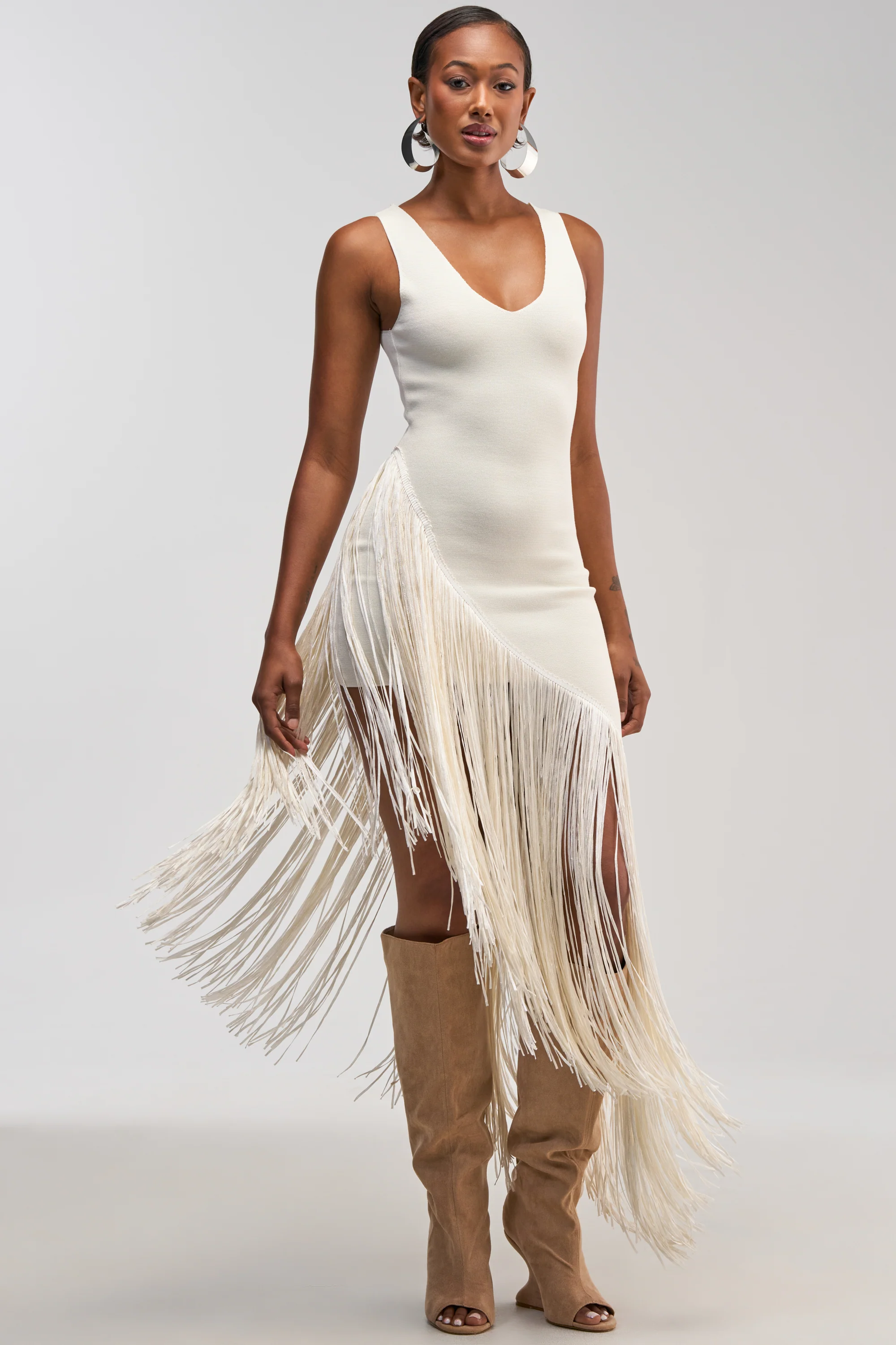 SHAKE IT FRINGE MIDI DRESS IN WHITE - Akira Store