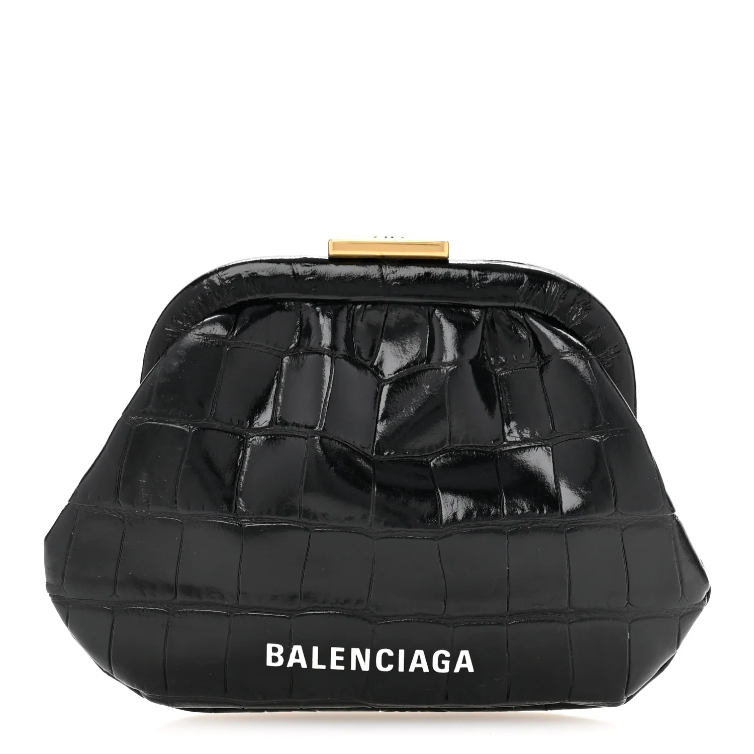 Shiny Supple Calfskin Logo Crocodile Embossed Cloud Coin Purse Black White