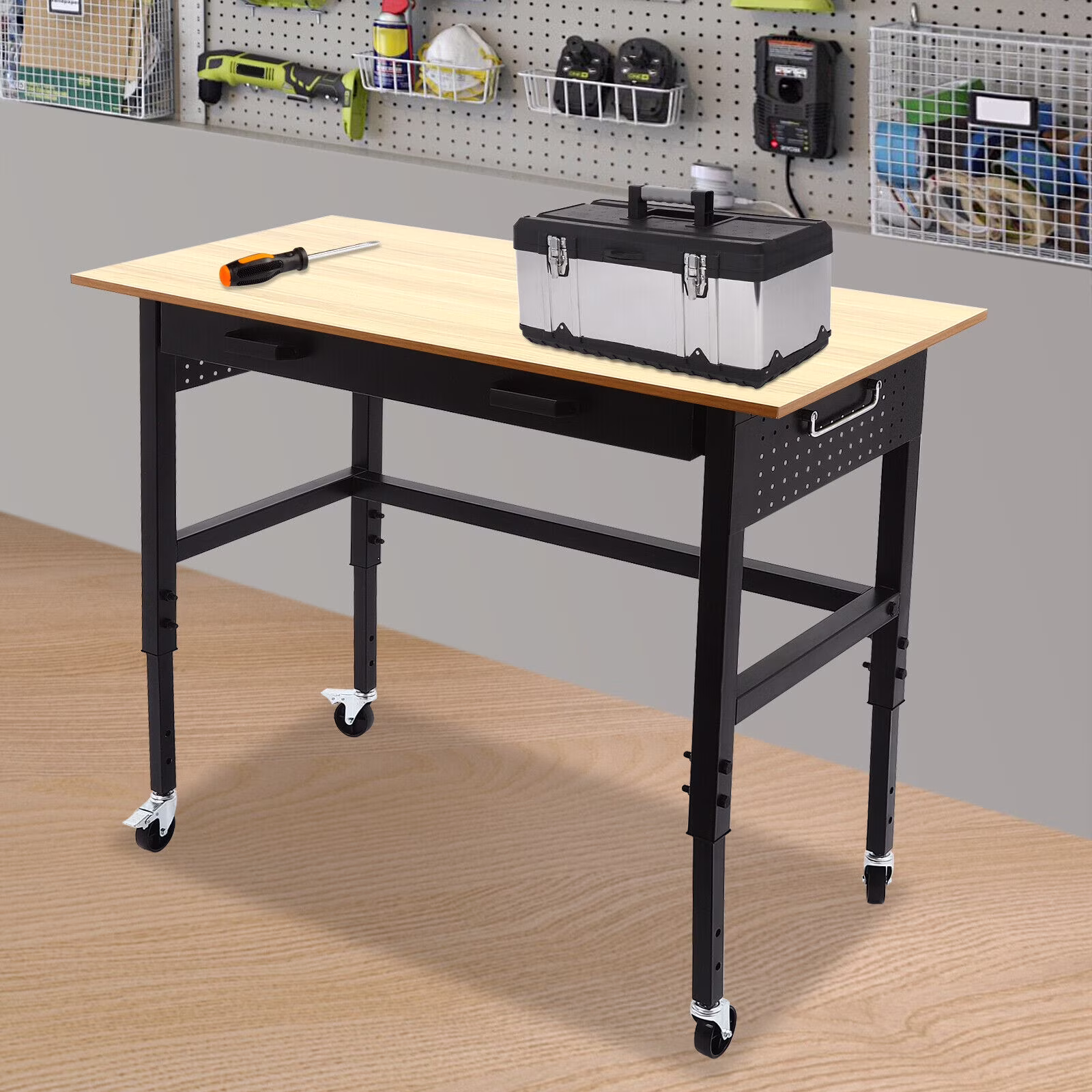 Multi-Functional Mobile Workbench | Adjustable Height | Power Outlet Drawer | 200 lbs Capacity | Ideal for Garage, Home, and Office