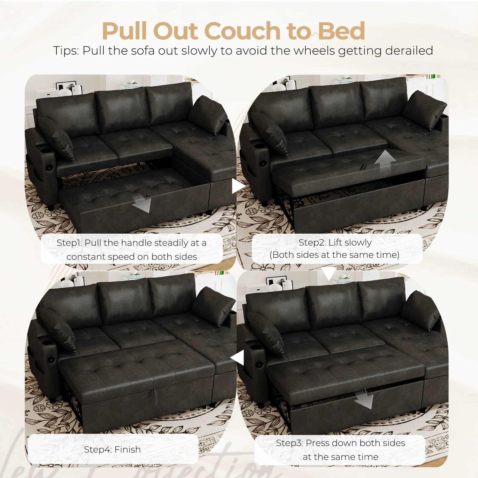 AECOJOY Sleeper Sofa Couch with Pullout Bed, Faux Leather, Black