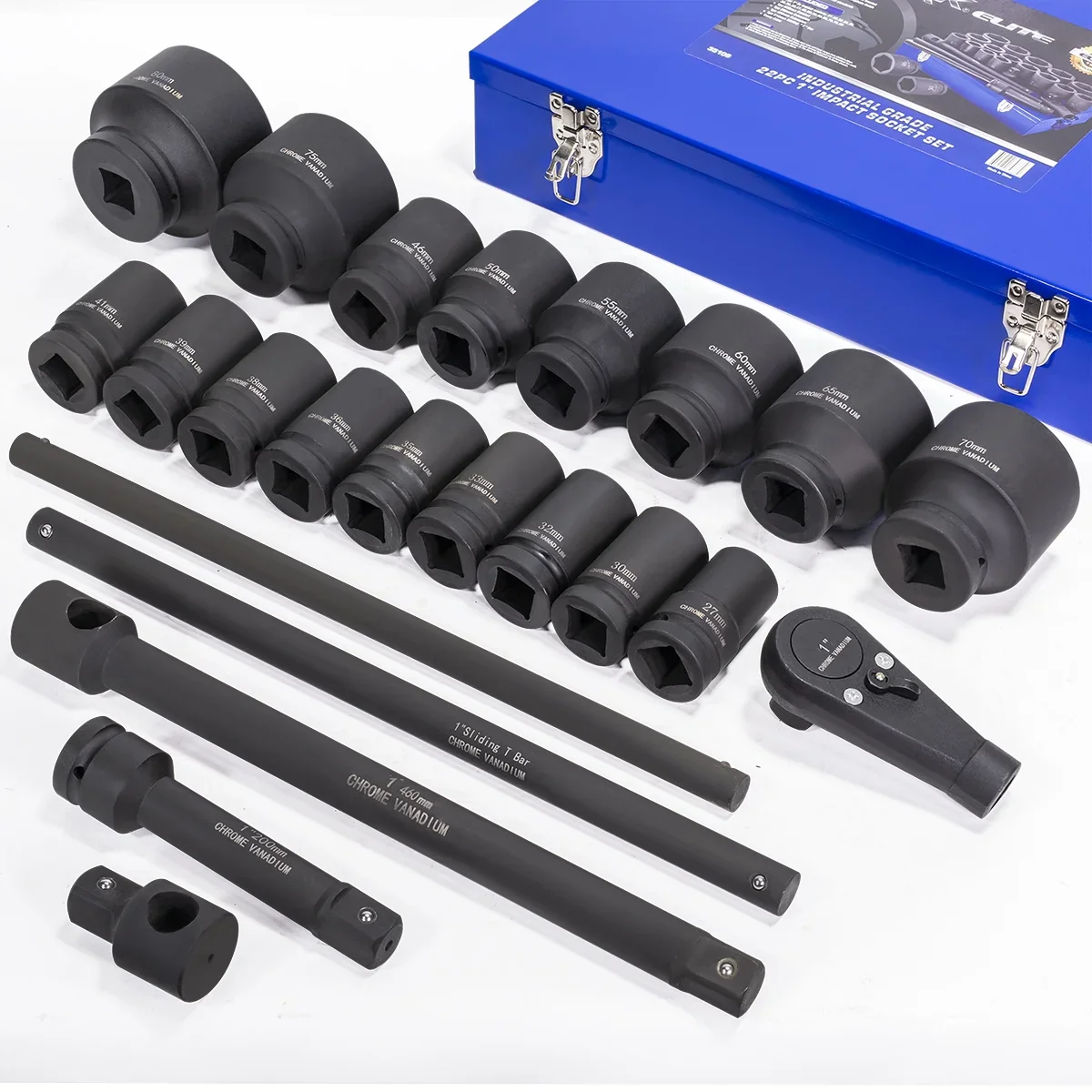 Stark USA 1 Drive 21PC Deep Impact Jumbo Socket Set, 6 Point MM, 27mm - 80mm, CrMo Steel