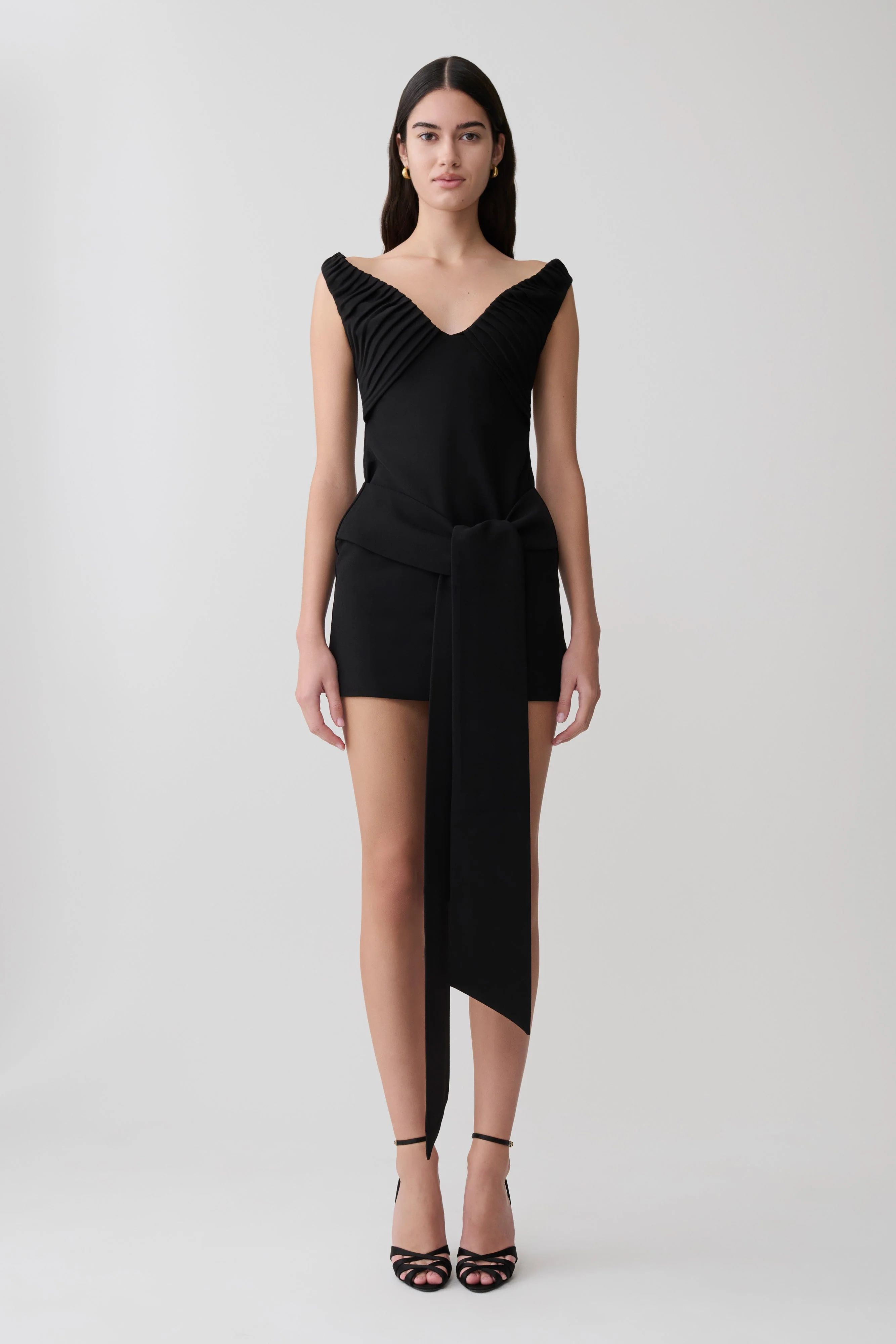 Runa Off Shoulder Mini Dress With Waist Tie - Black