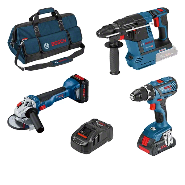 Kit combiné Bosch 3 outils 18 V : GSR + GWS + GBH + 2 batteries ProCore 18 V (1 de 4,0 Ah + 1 de 8,0 Ah) + chargeur Gal + sac à outils professionnel
