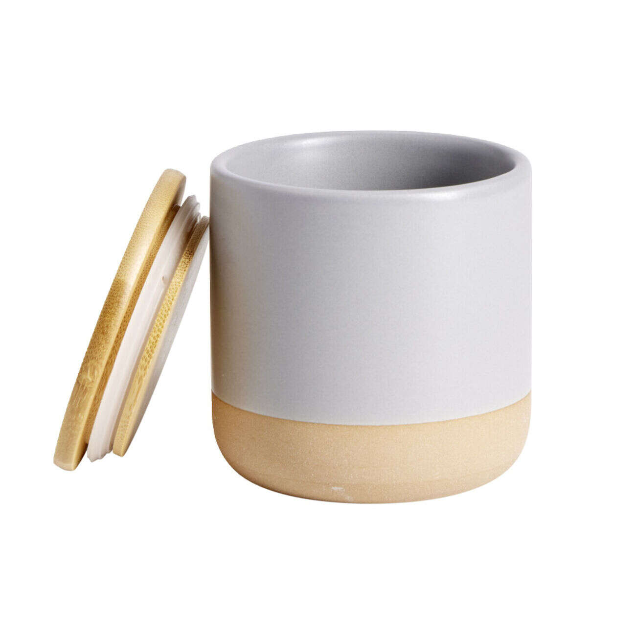 Pot à coton céramique bleu et couvercle bois Ø9xH10cm