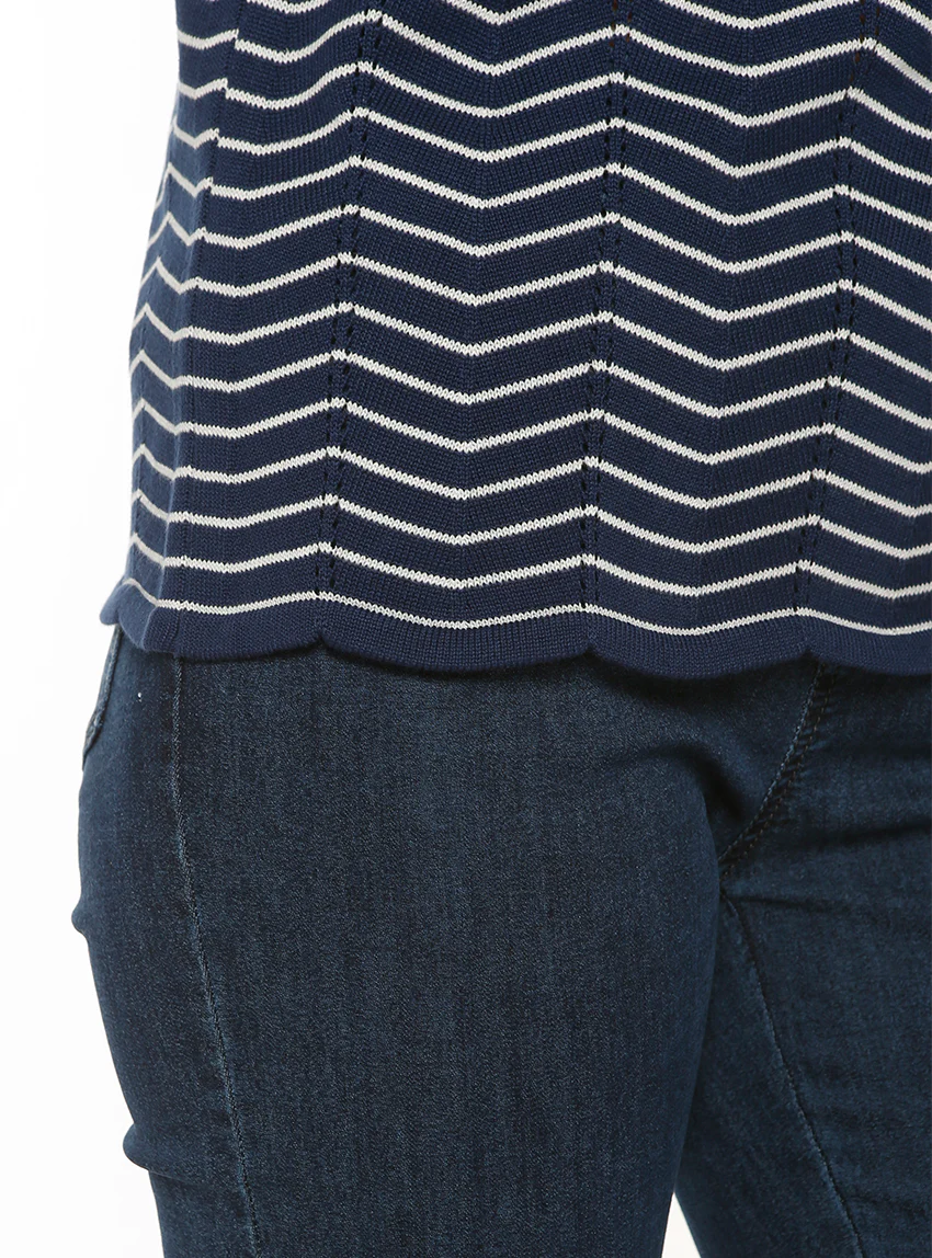 Pull femme coton manches courtes marine/crème