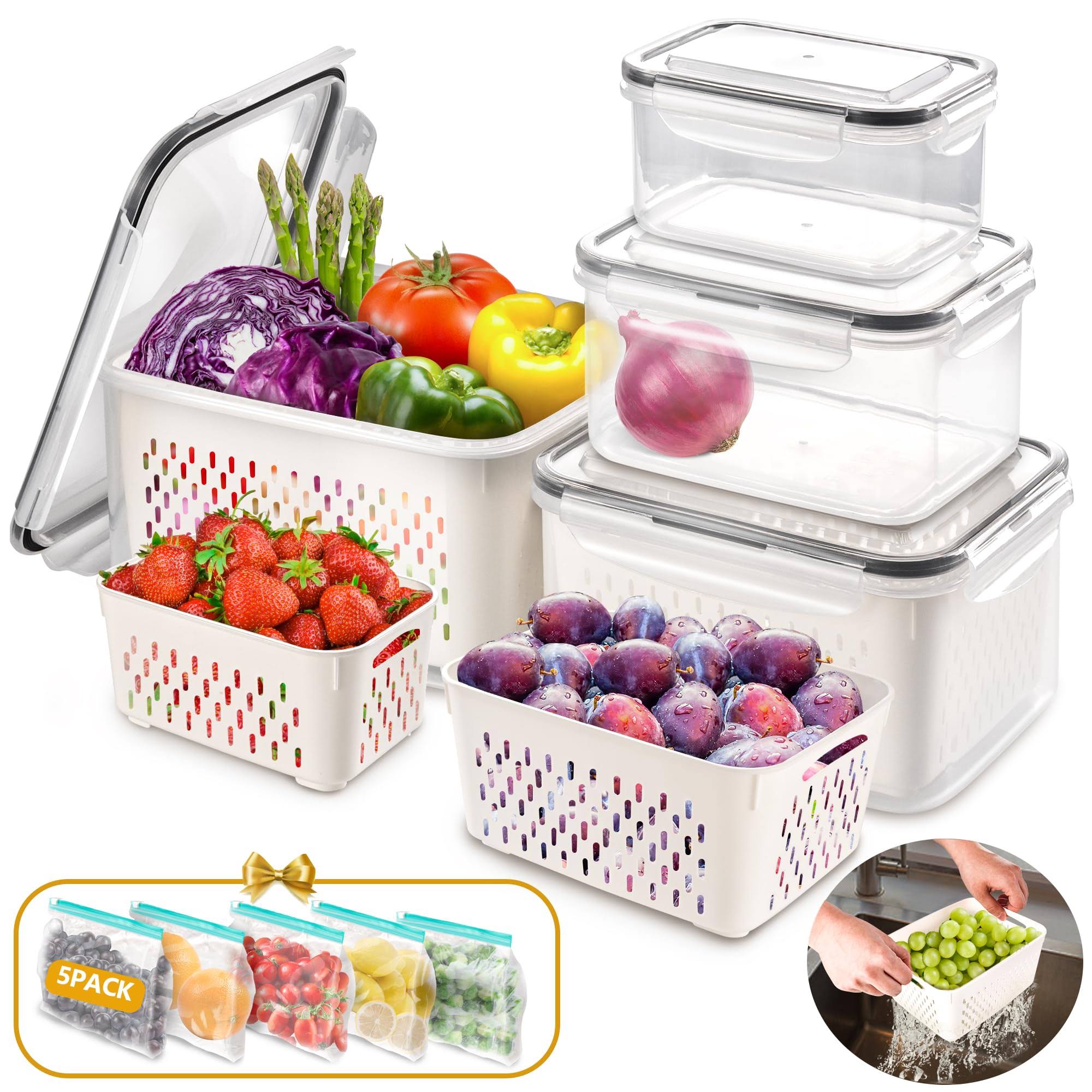 AOSION 8 Pieces Fruit Storage Containers for Fridge, Large Produce Saver Berry Lettuce Containers for Refrigerator Organizers Bins with 5 Pcs Food