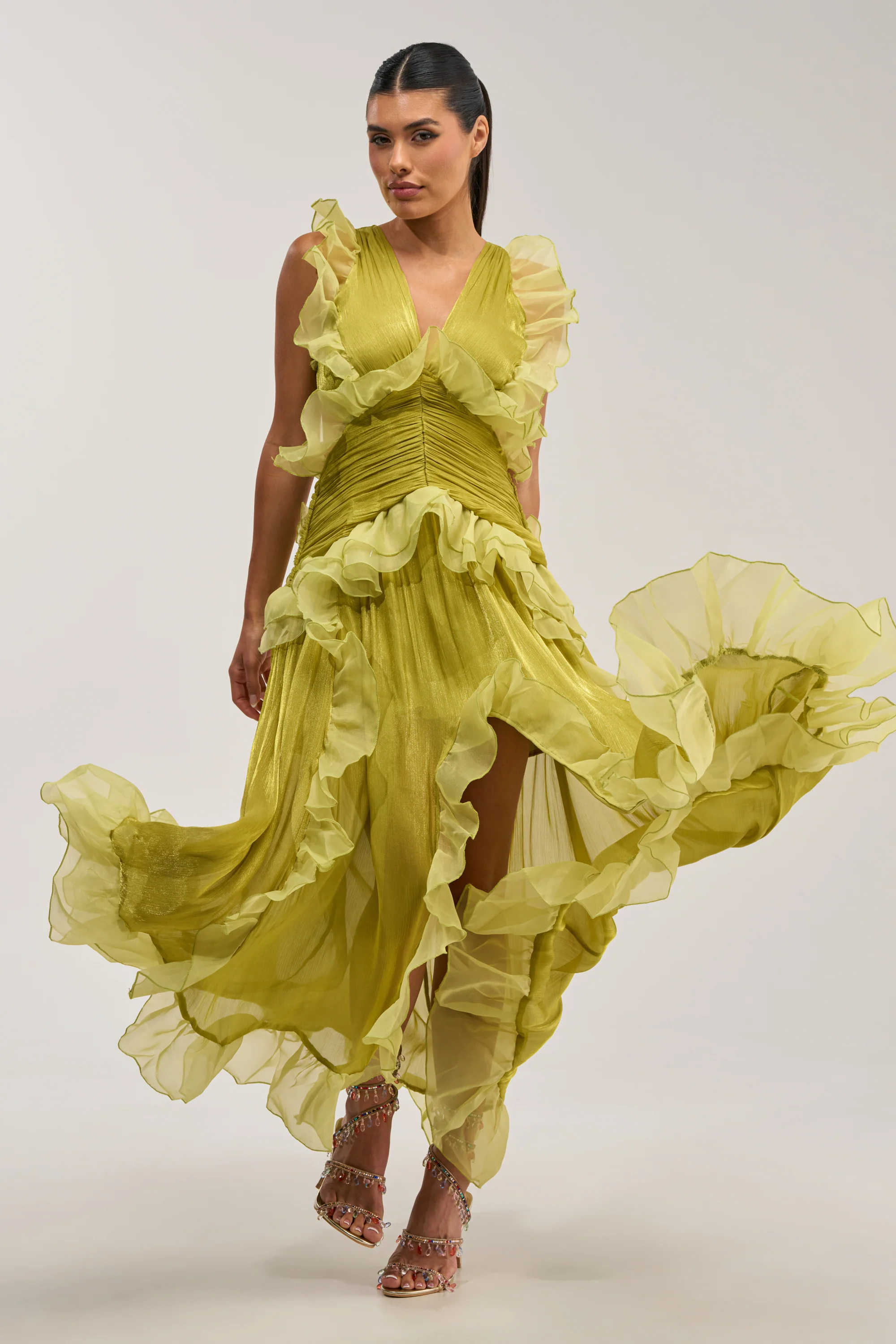 BEAUTIFUL GIRL FLOCKED CHIFFON MAXI DRESS IN GREEN - Akira Store