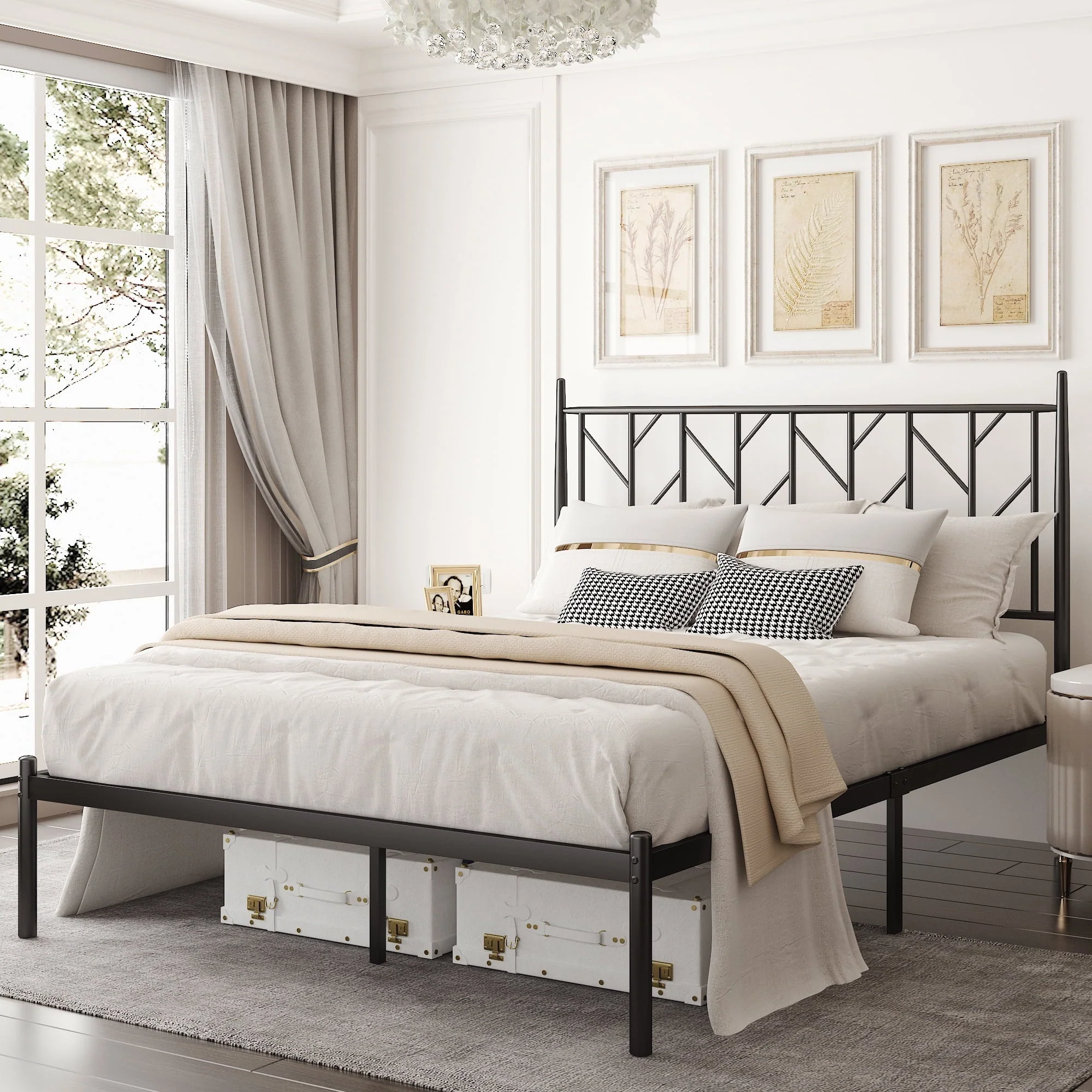 Allewie Black Queen Size Modern Metal Platform Bed Frame with Vintage Headboard and 12'' Under - Bed Storage