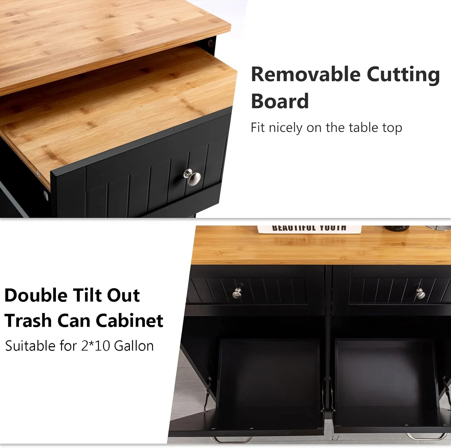 Double Trash Cabinet Tilt Out 20 Gallon, Pet Proof Kitchen Trash Cabinet Laundry Hamper with Cutting Board, Wood Garbage Recycling Station Hideaway Trash Holder Drawers(Full/White) - Image 6