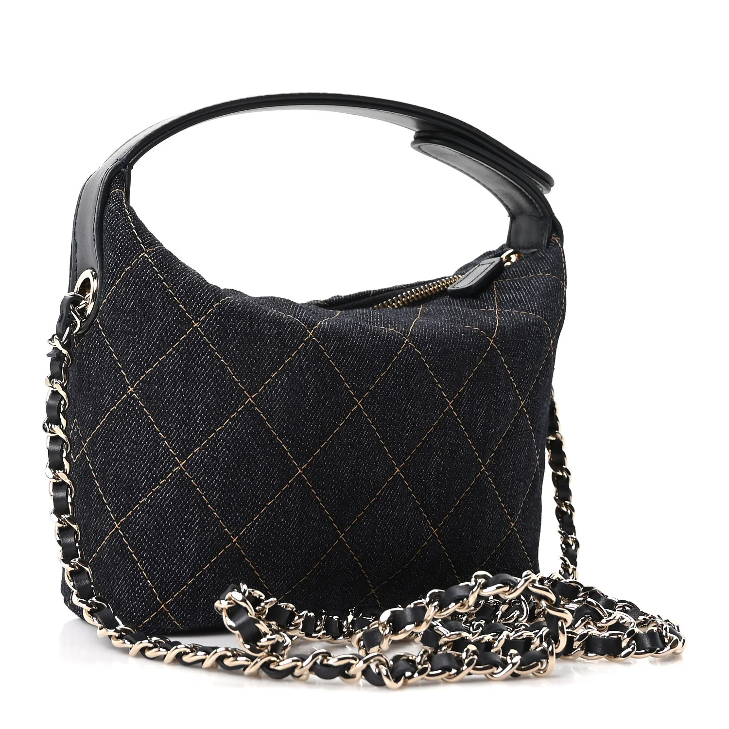 Denim Quilted Hobo Clutch With Chain Dark Blue Orange