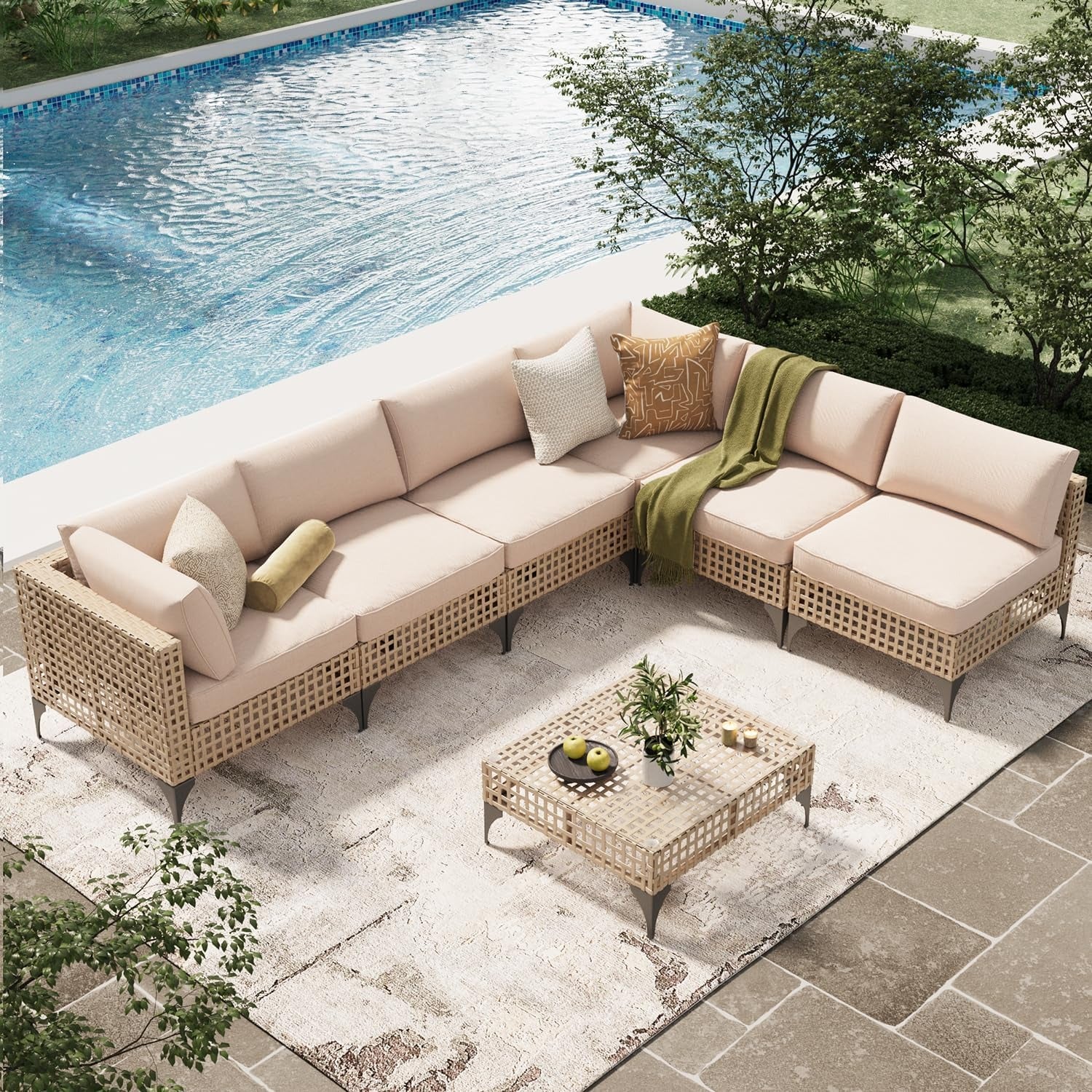 AECOJOY 7-Piece Patio Outdoor Furniture Set, Boho Outdoor Sectional Set, Light Brown&Beige