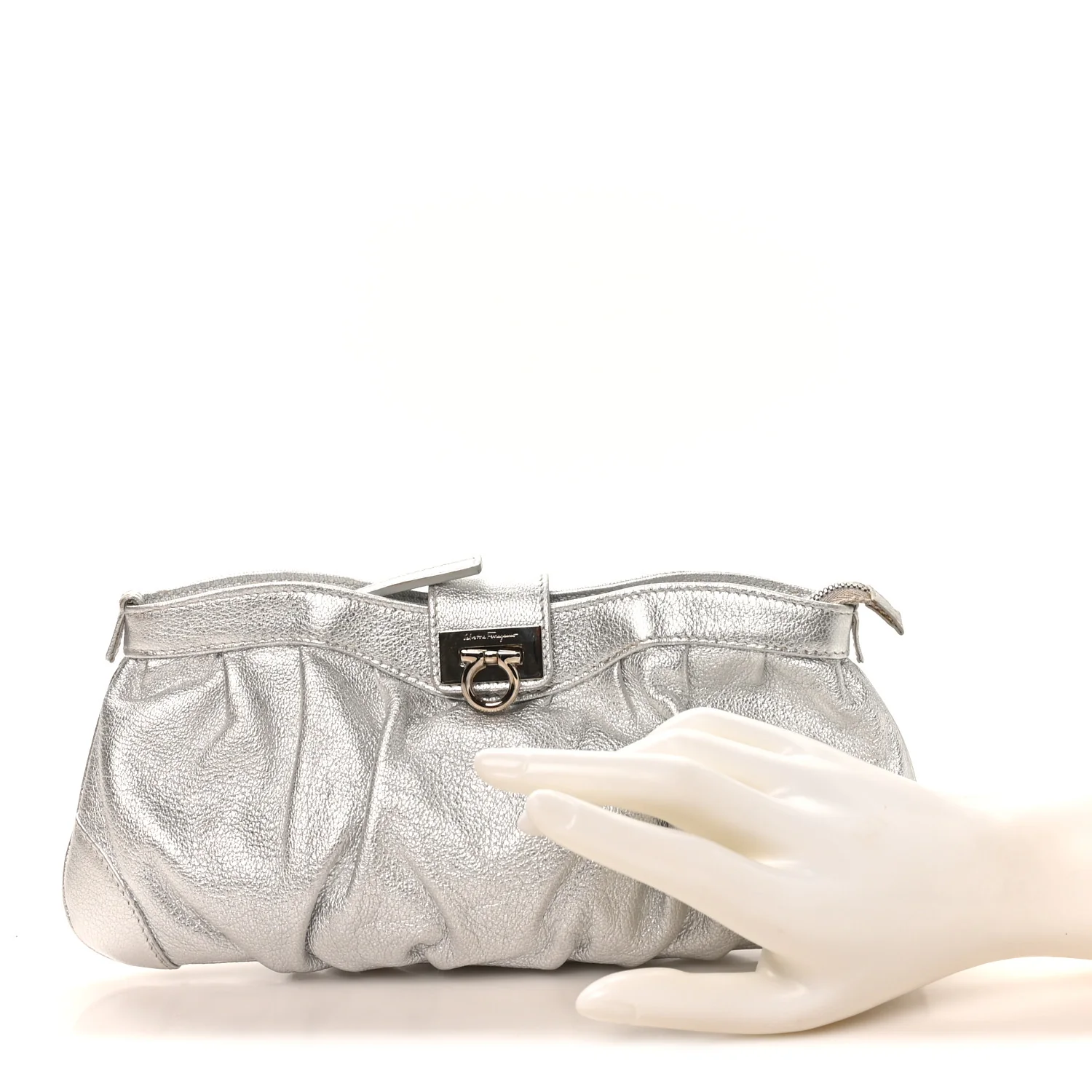 Metallic Calfskin Small Gancini Clutch Silver