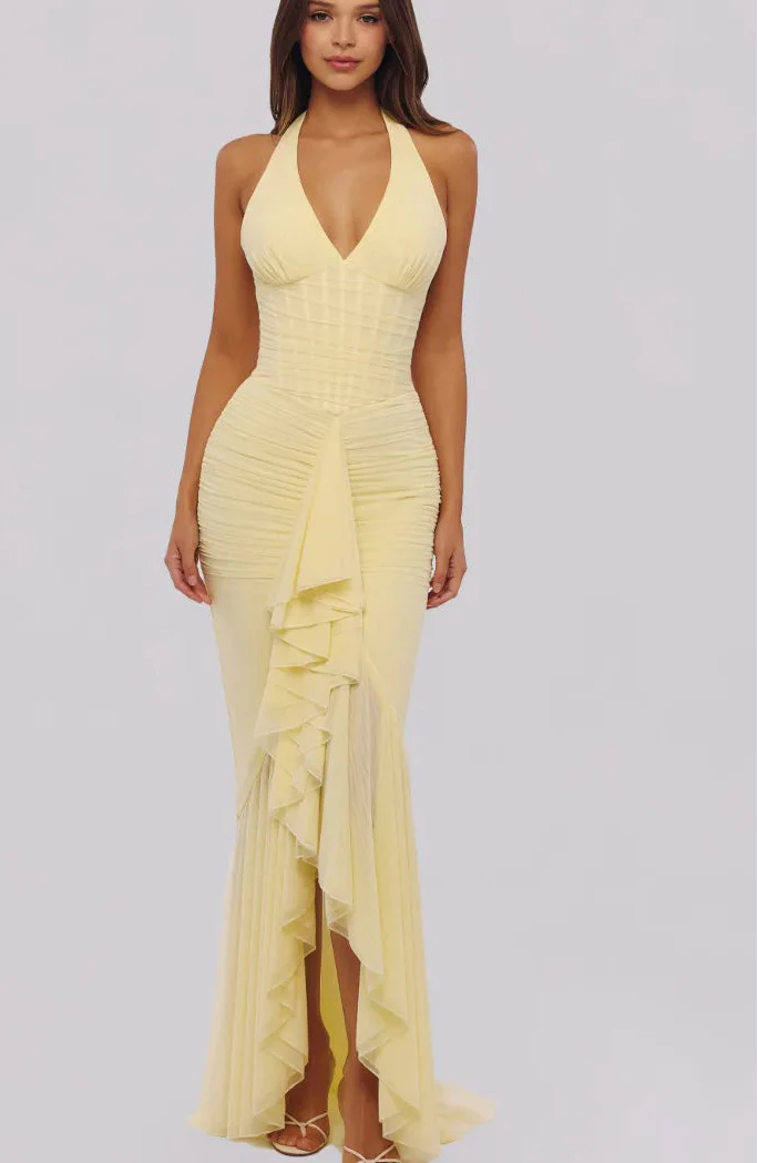 Robe longue Soleya à col licou froncée pour invités de mariage
