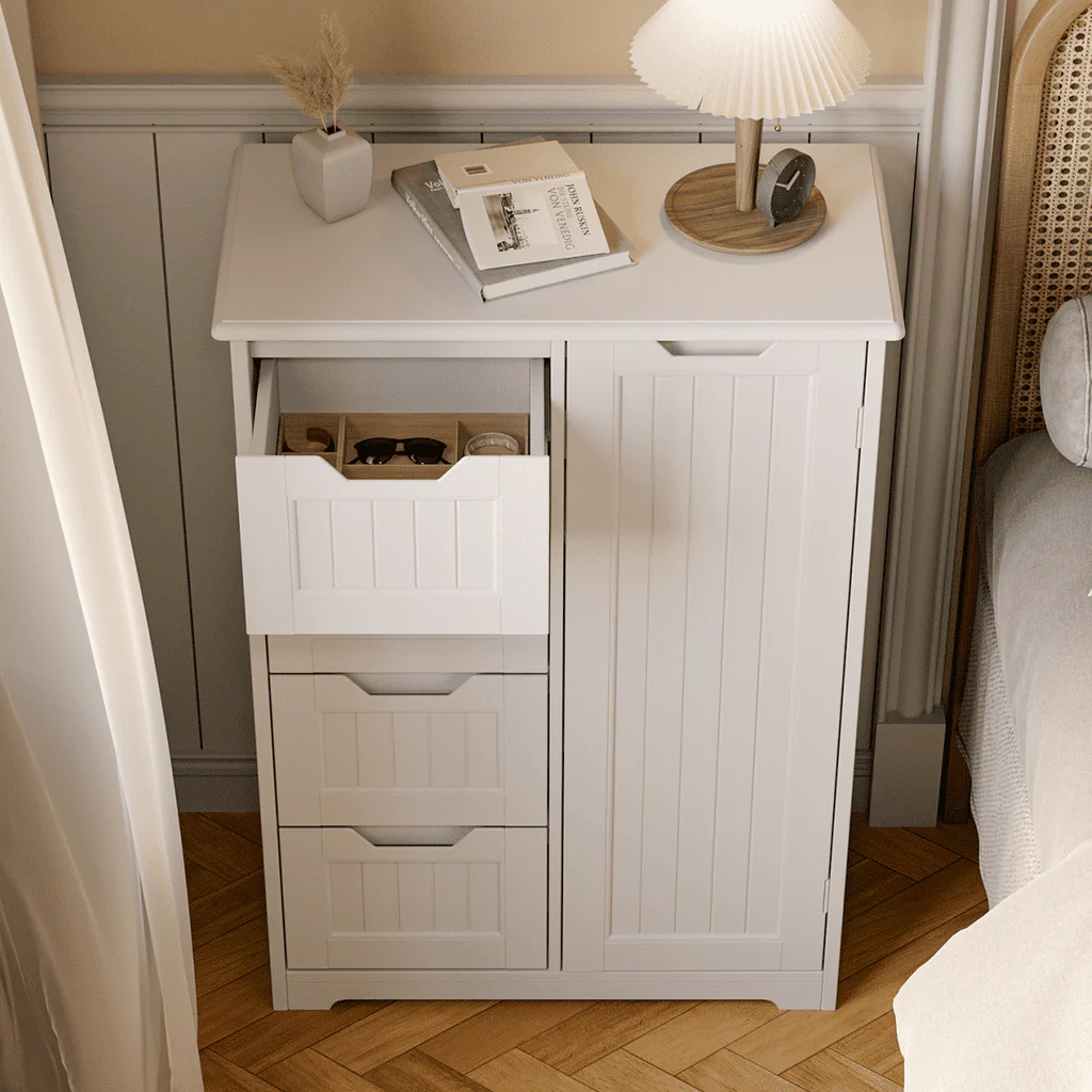 33 5 "H Wooden Bathroom Floor Cabinet with 4 Drawers and 1 Door for Bathroom, Kitchen, Bedroom White