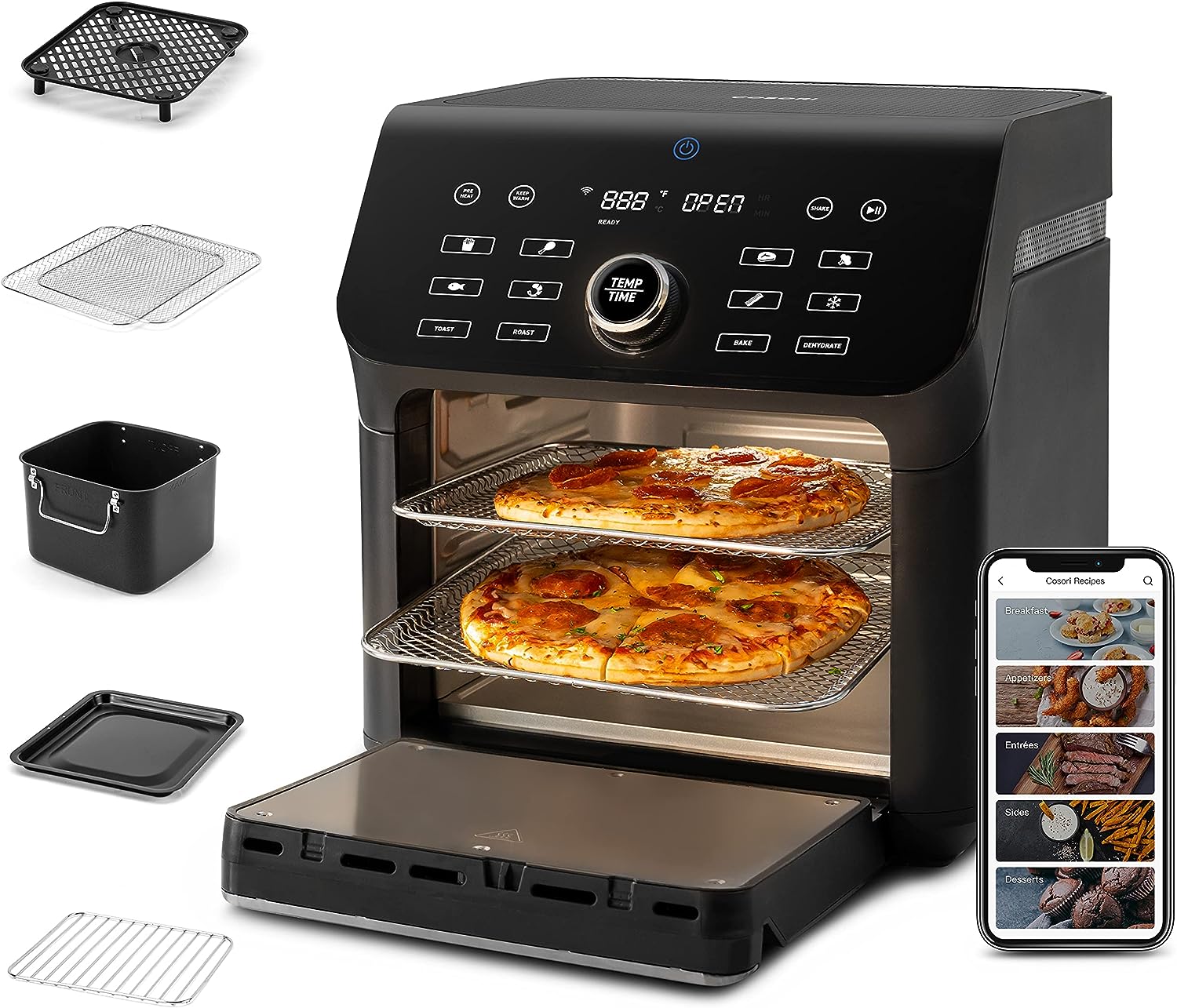Four combiné friteuse à air chaud COSORI, format familial de 10 litres, 14 fonctions (plus de 1000 recettes via l'application), accessoires compatibles lave-vaisselle avec plateau à rôtir et grilles de déshydratation, four noir