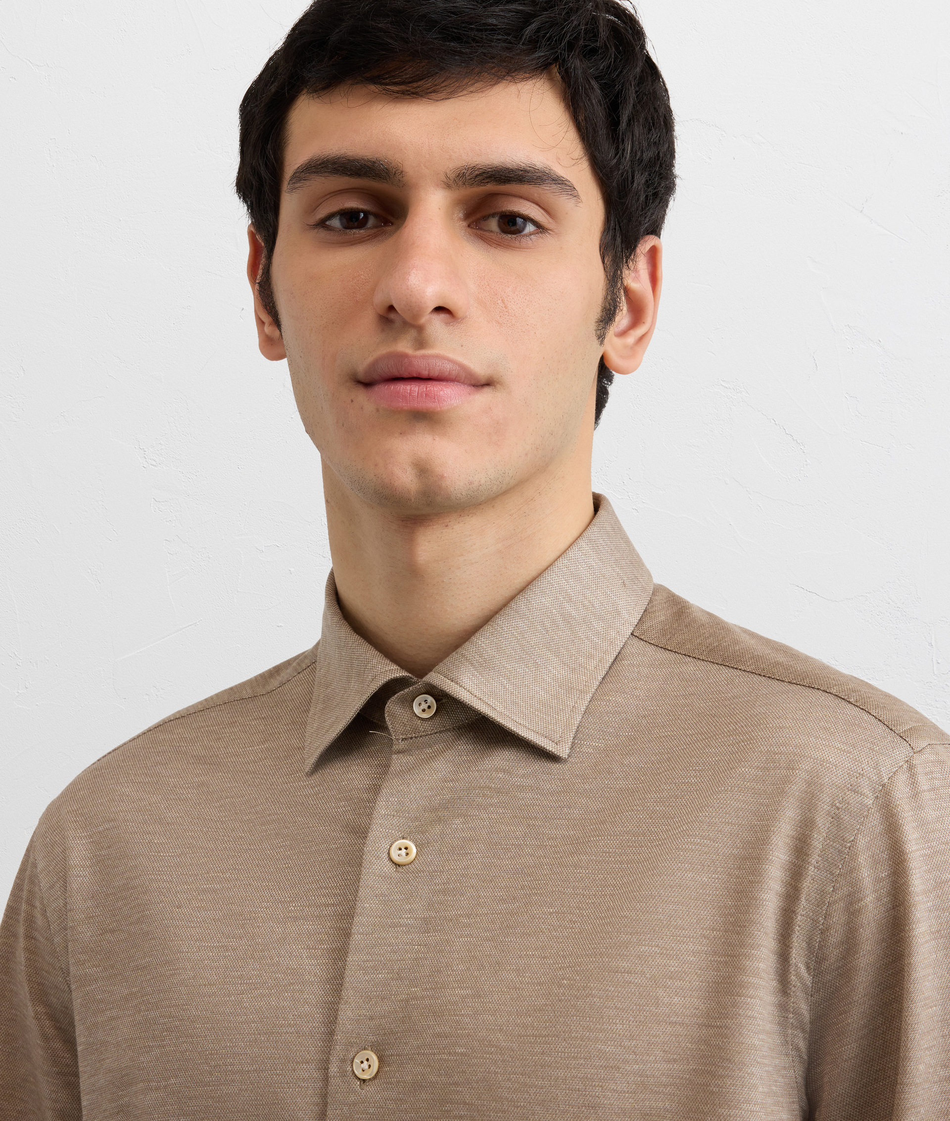 LIGHT BROWN COTTON AND LYOCELL PIQUE JERSEY SHIRT WITH MEDIUM MILANO COLLAR