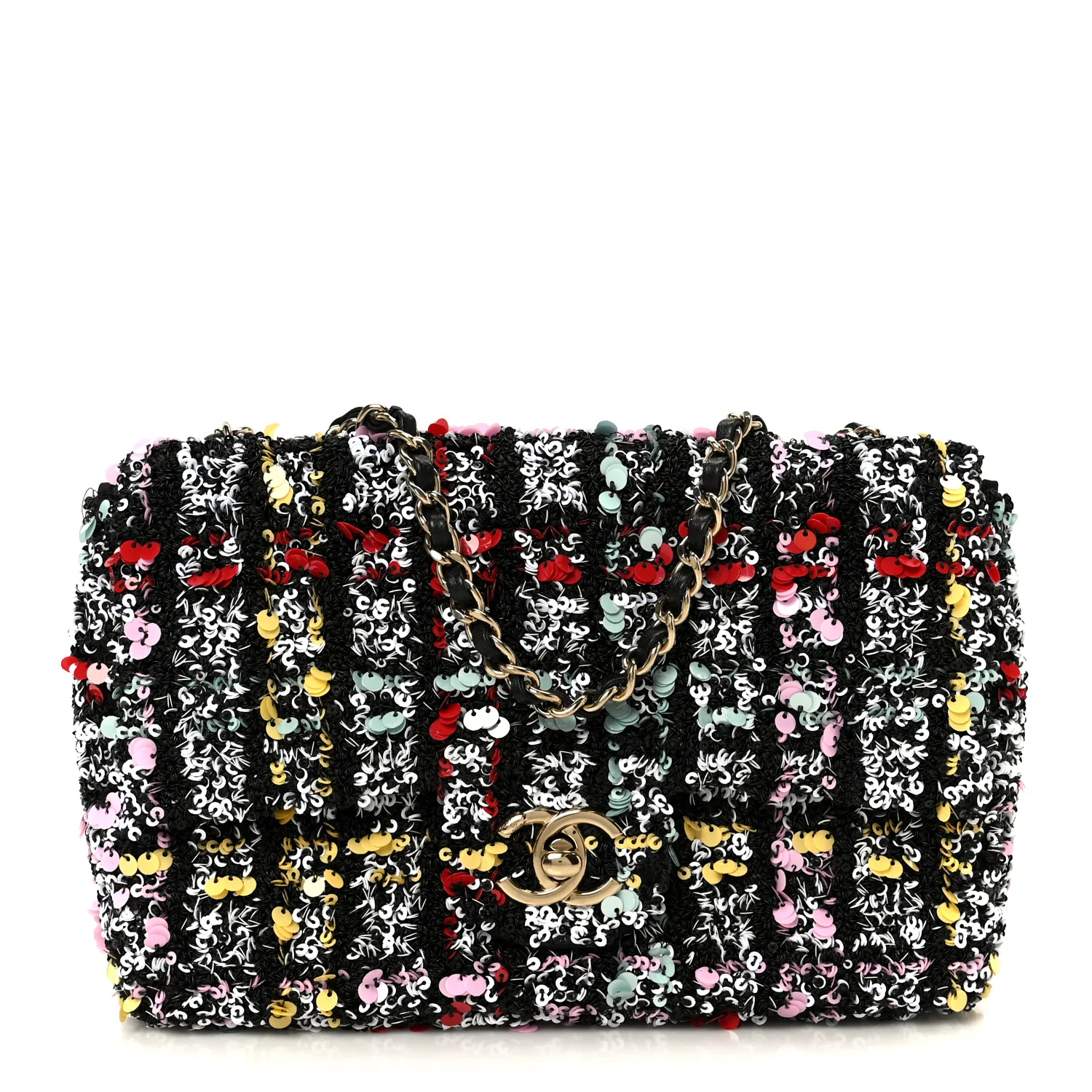 Tweed Sequin Small Single Flap Black Red Multicolor