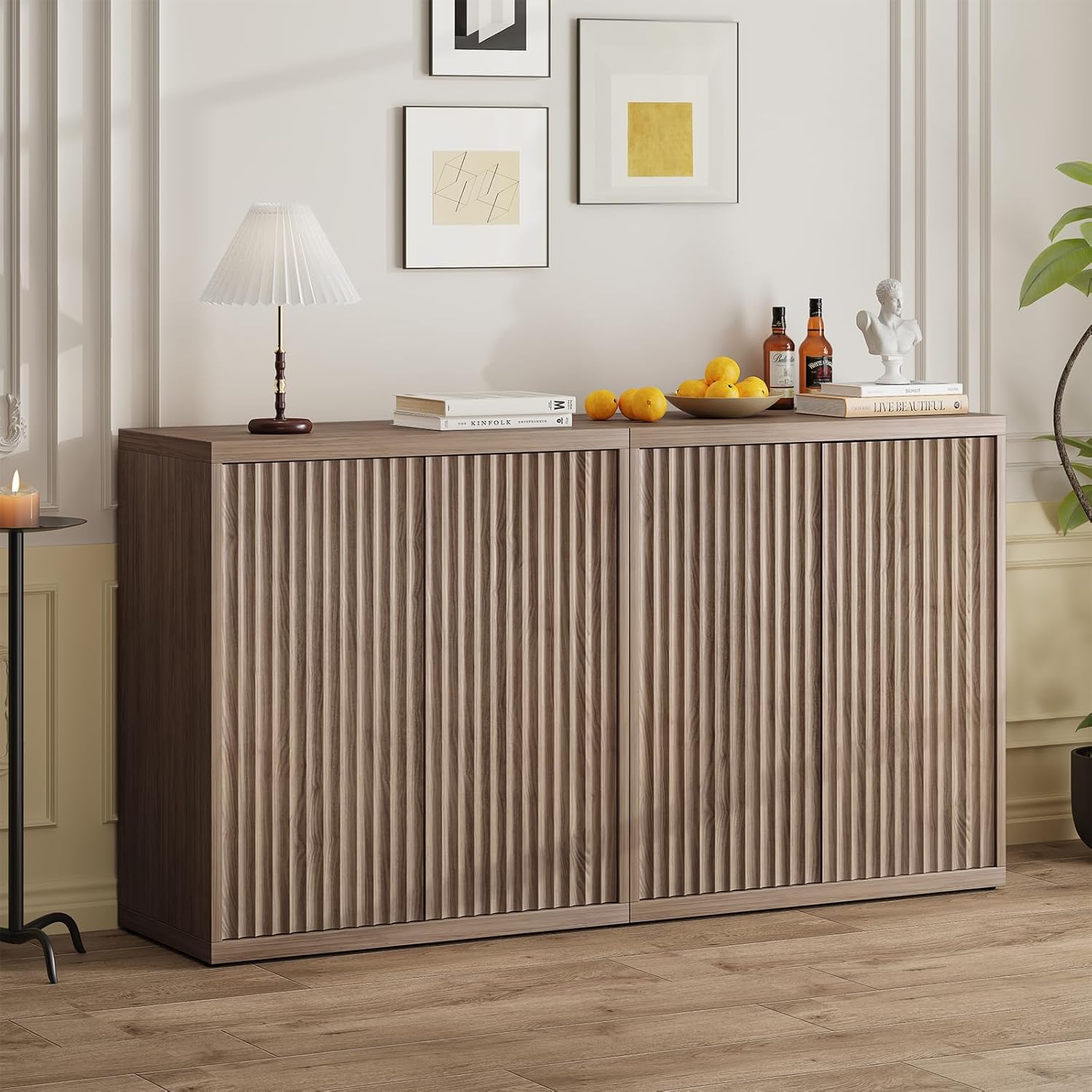 Sideboard Buffet Cabinet, Fluted Sideboard with Adjustable Shelves, Modern Credenza Storage Cabinet with Pop-up Doors, Wood Buffet Cabinets with Storage for Kitchen Entryway Living Room