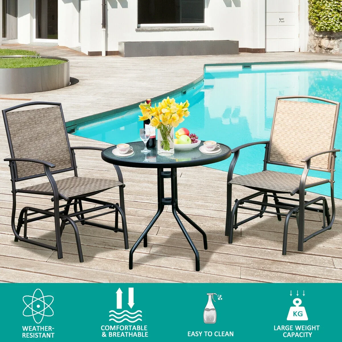 Costway 2PCS Patio Swing Single Glider Chair Rocking Seating Steel Frame Garden Brown
