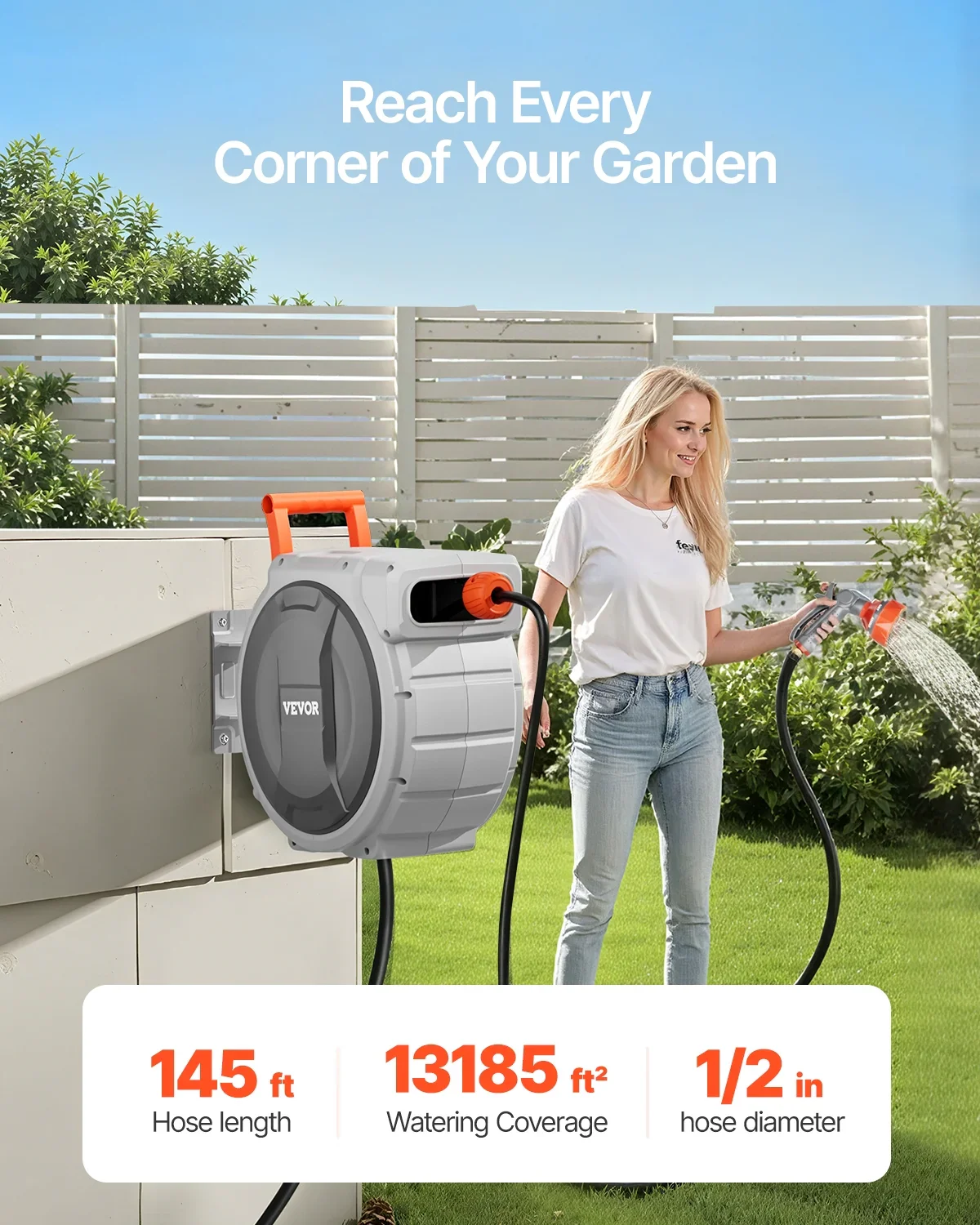VEVOR Retractable Garden Hose Reel, 1/2 Inch x 145 ft Wall Mounted Hose Reel, Heavy Duty Garden Hose Reel with 9 Patterns Nozzle, Any Length Lock, Upgraded Slow Return System and 180��Swivel Bracket