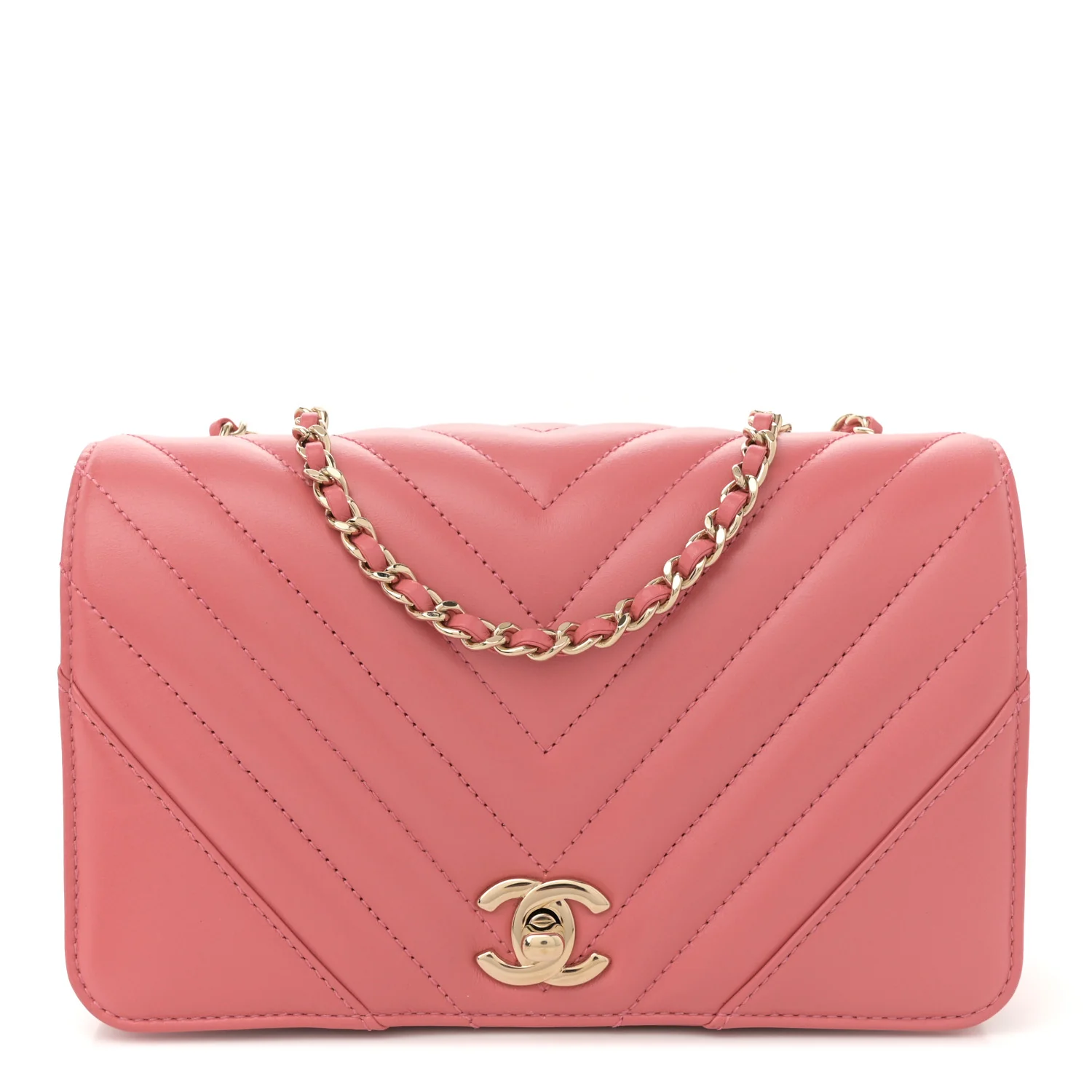 Calfskin Chevron Quilted Mini Statement Flap Pink