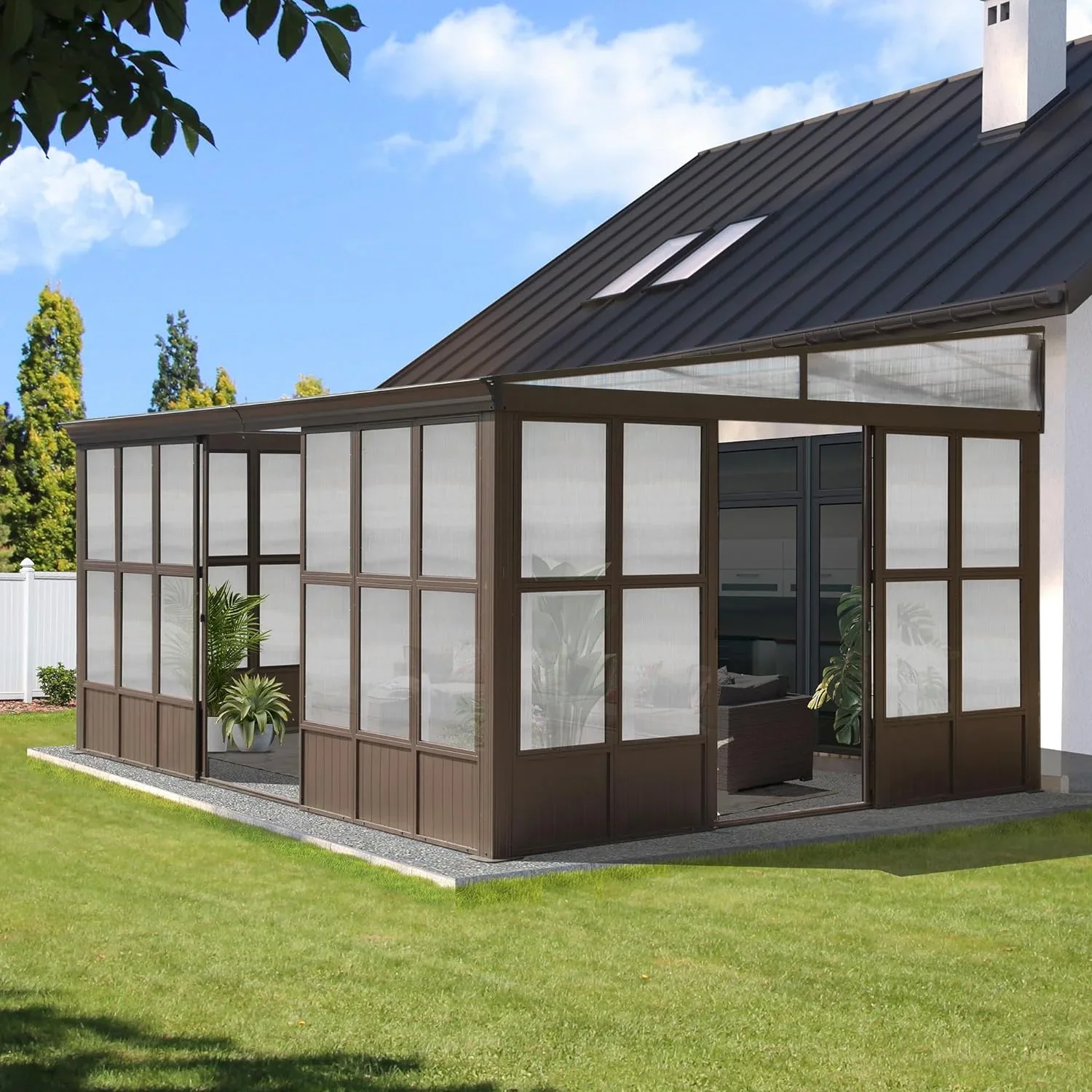 Domi Outdoor Living 10' x 12' Hardtop Lean-to Gazebo, Wall-Mounted with Galvanized Steel Roof Wall Pergola with Aluminum Frame, Curtains and Netting, for Patio, Deck, Garden, Backyard