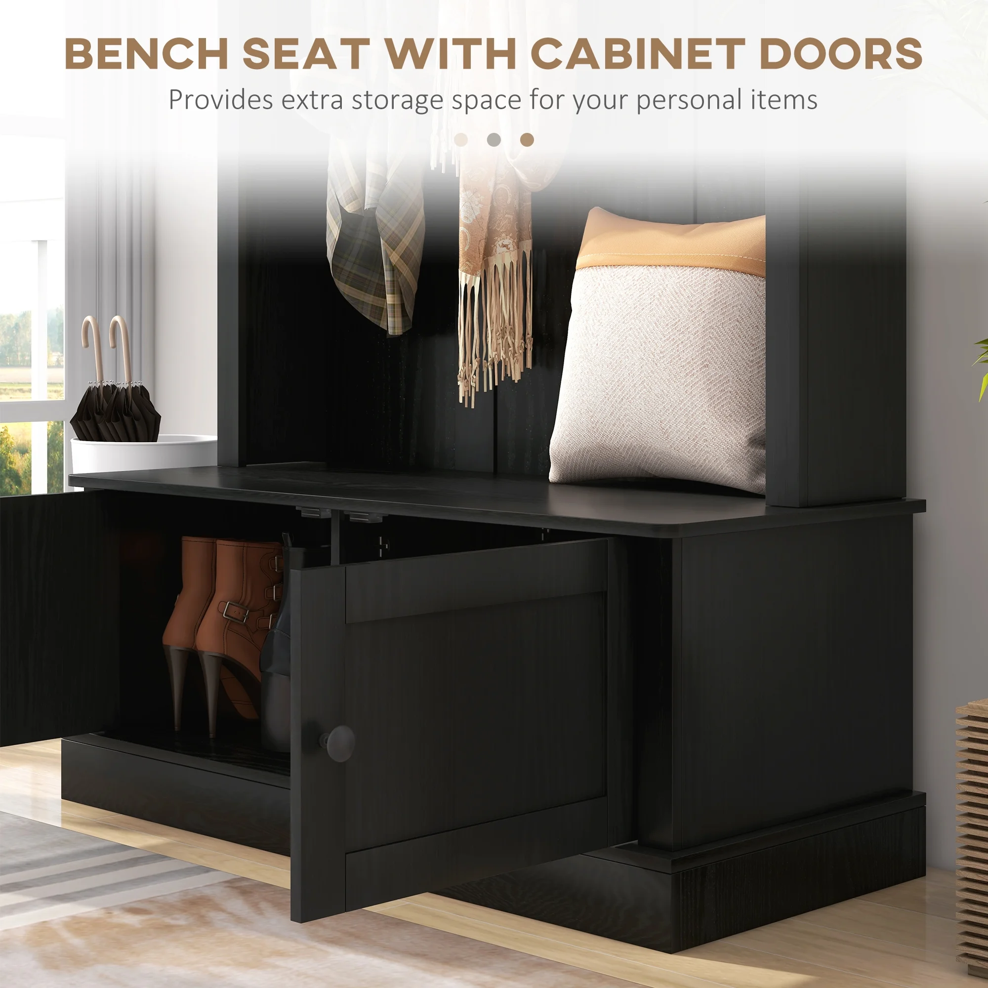 Hall Tree, Entryway Bench w/ Coat Rack, Shoe Cabinet, Black(Black) - Image 7