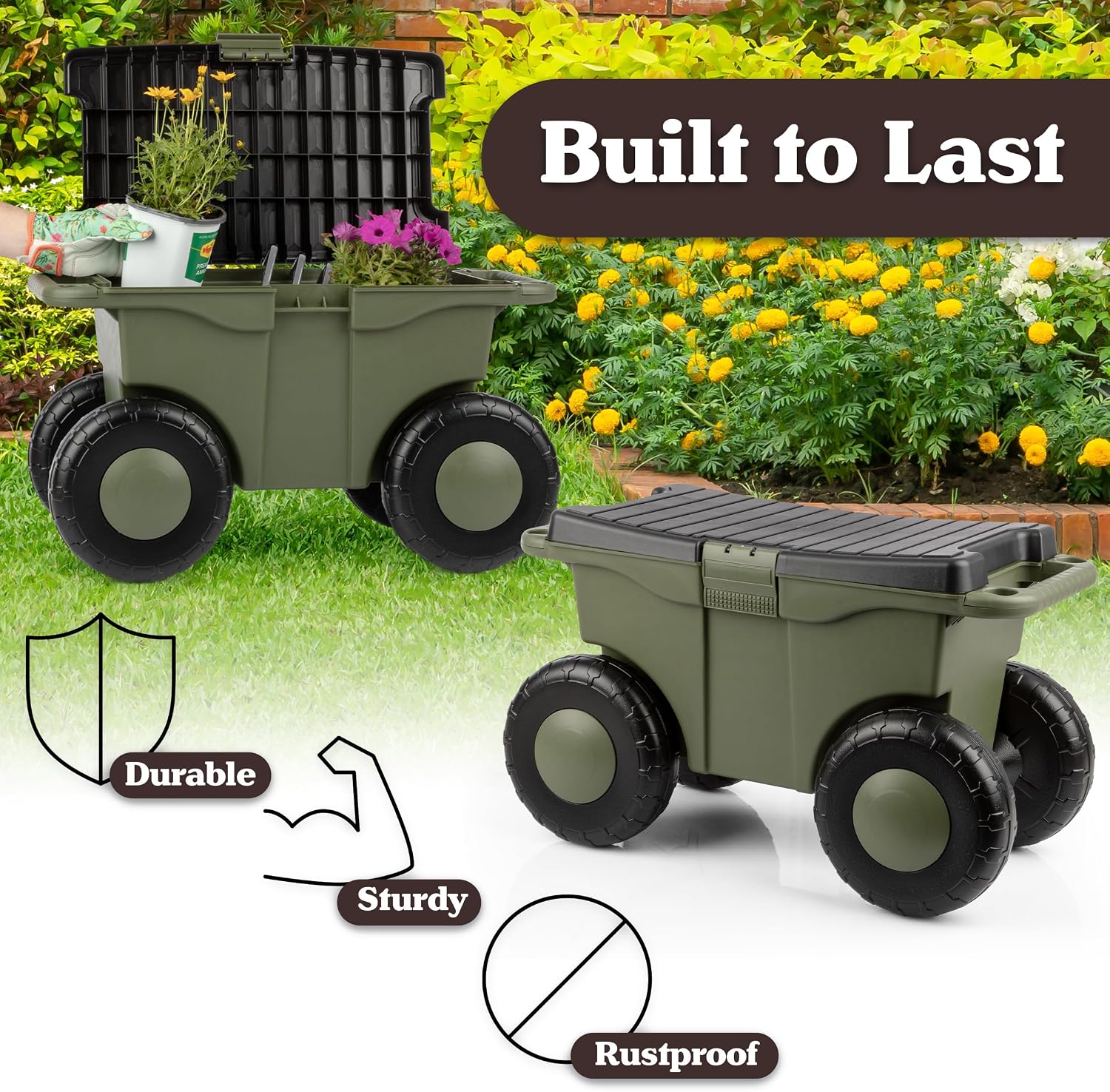Pure Garden Rolling Garden Cart with Seat, Green