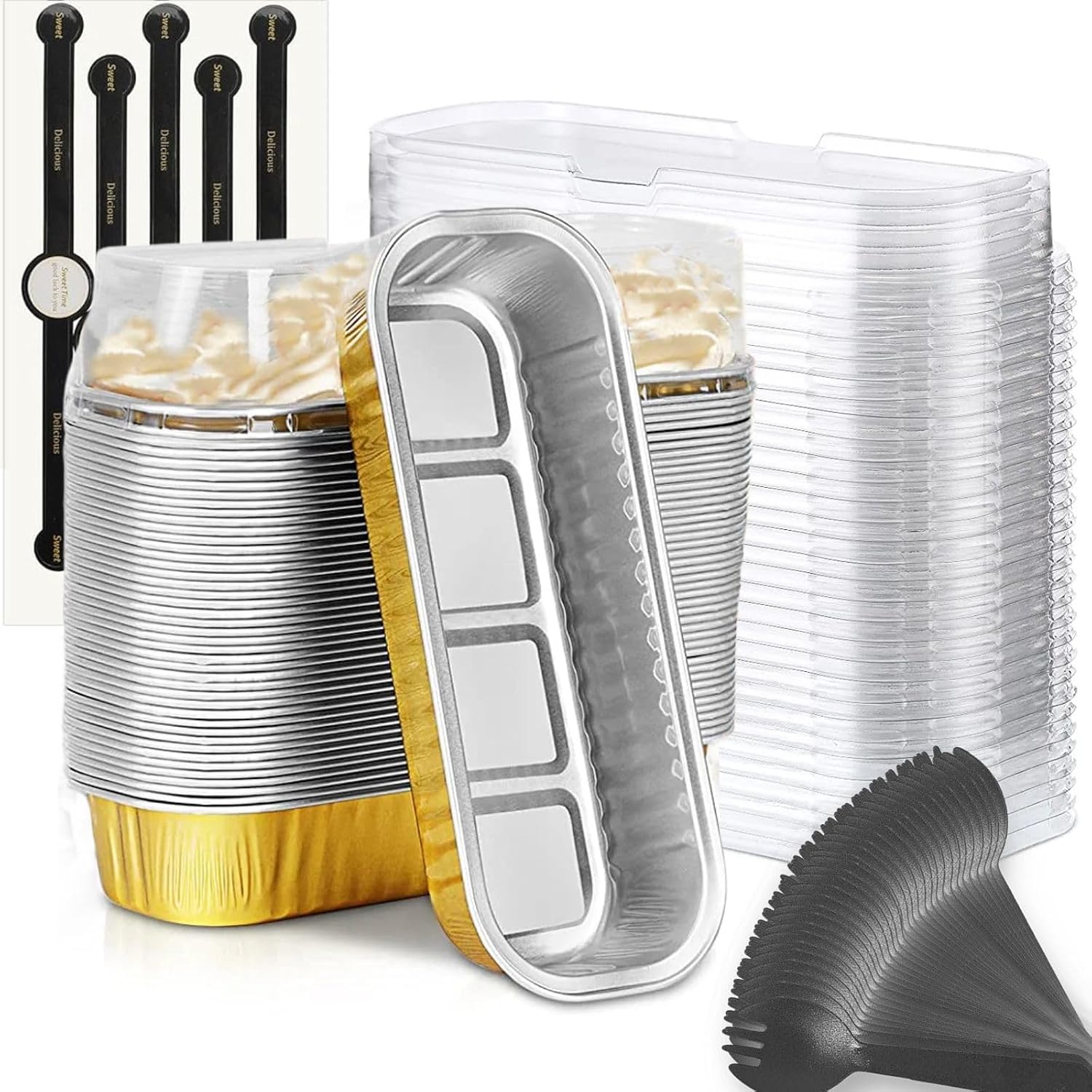 Findful Mini Loaf Baking Pans with Lids and Spoons (50 Pack, 6.8oz) Rectangular Aluminum Foil Baking Pans Tins Containers - Cupcake Containers Wrappers Cheesecake Creme Brulee Ramekins
